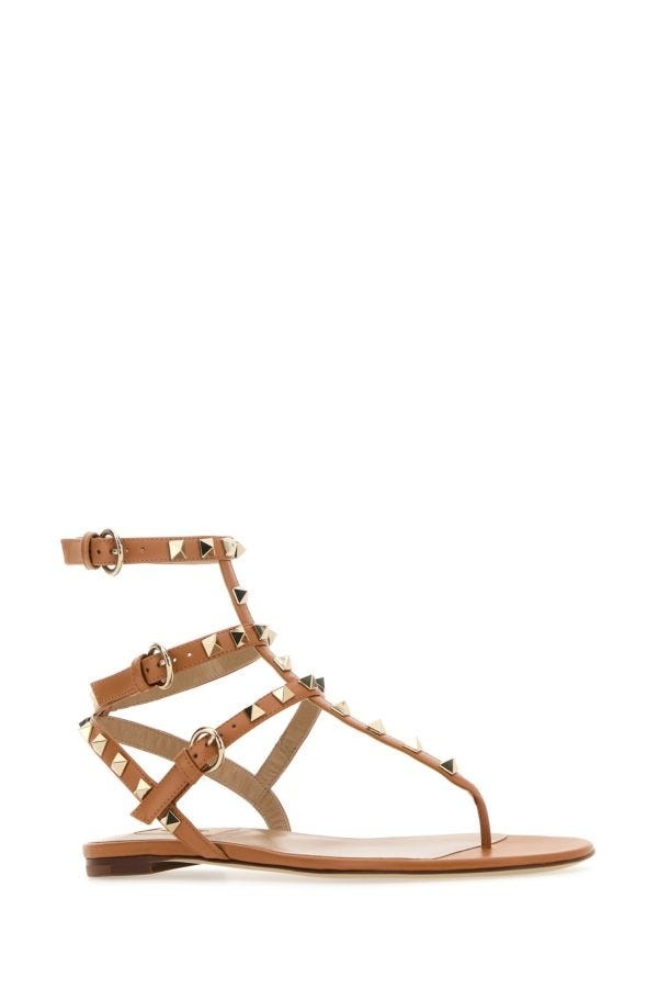 Valentino Garavani Woman Camel Leather Rockstud Thong Sandals - 2