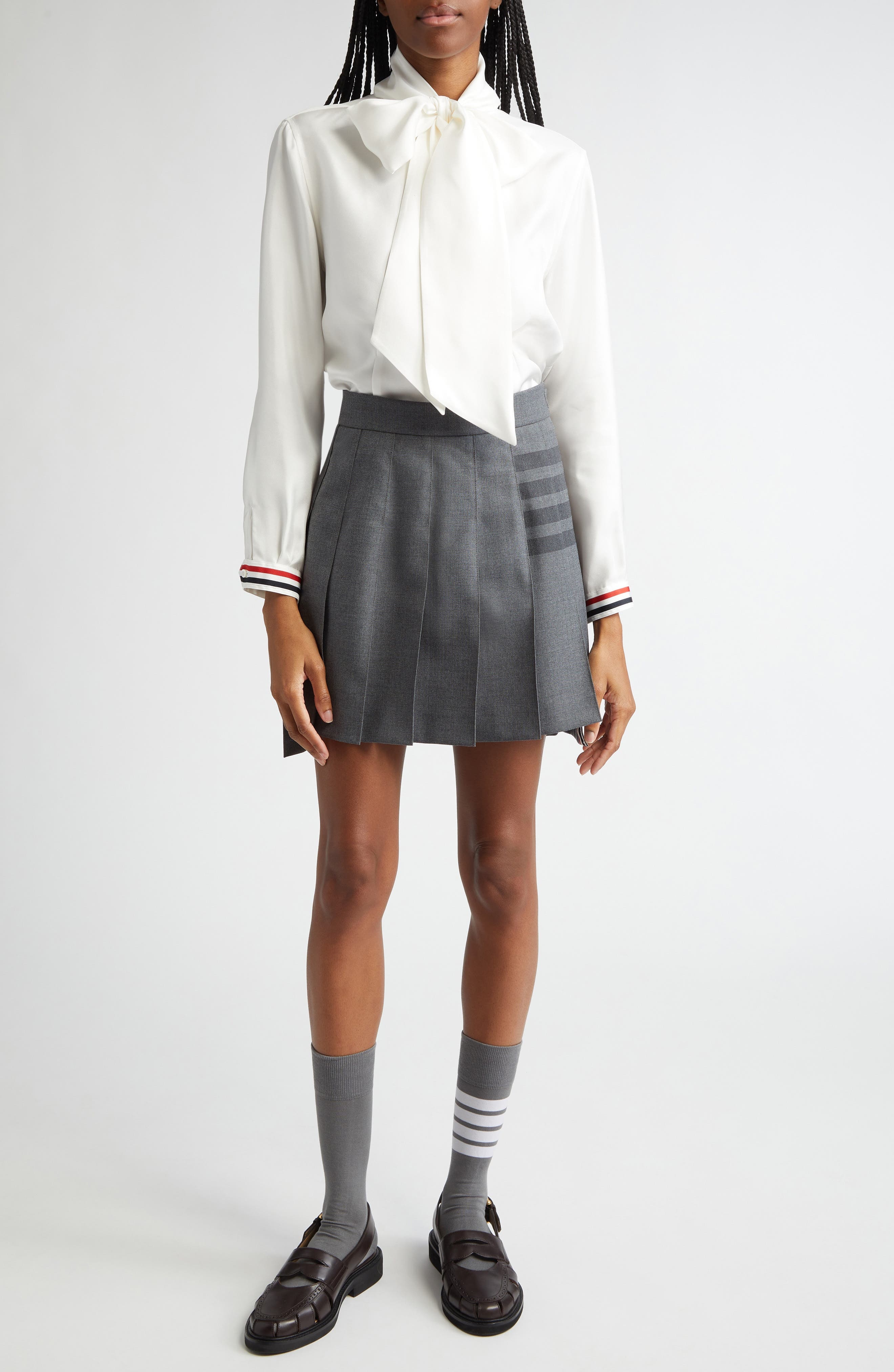 Thom Browne Tie Neck Long Sleeve Silk Top in White at Nordstrom - 7