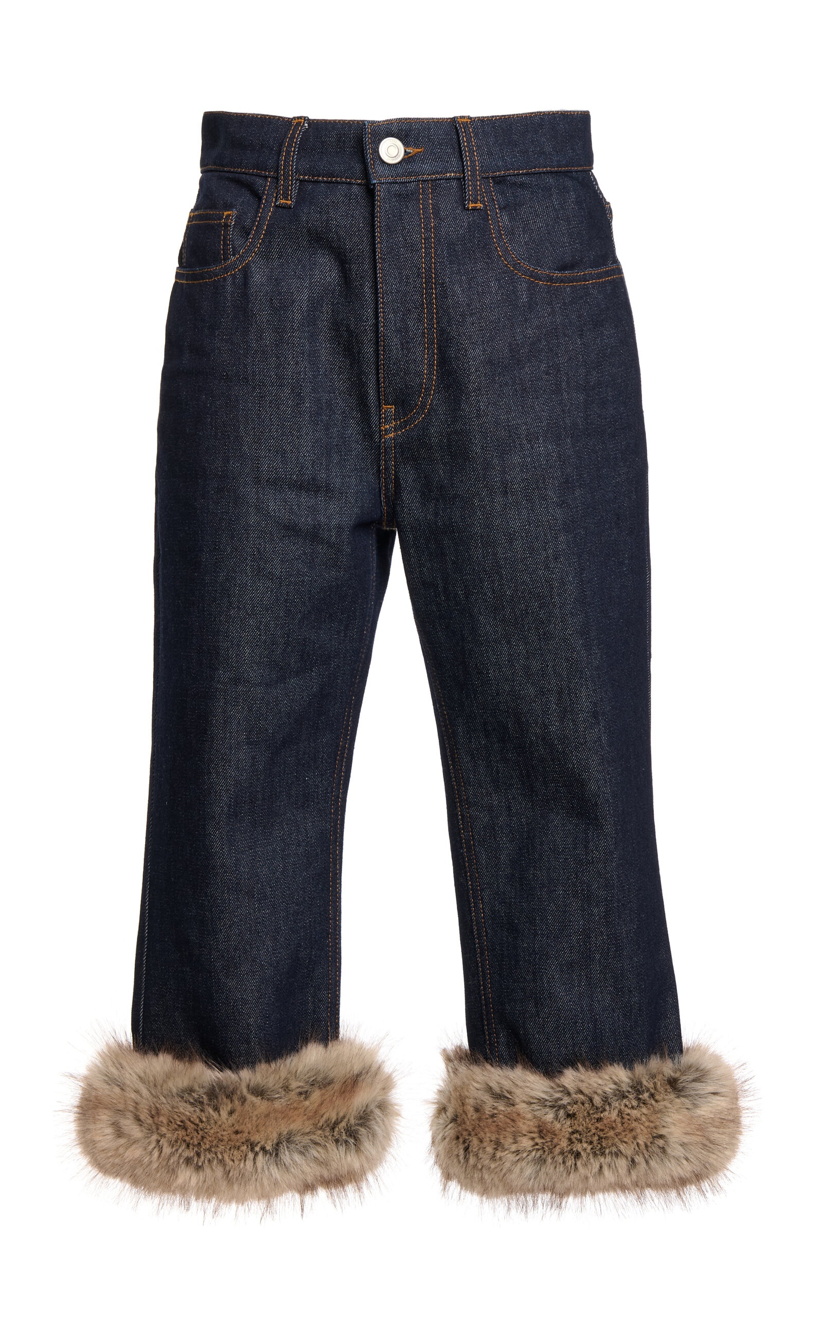 Faux-Fur-Trimmed Denim Capri Pants dark wash - 1