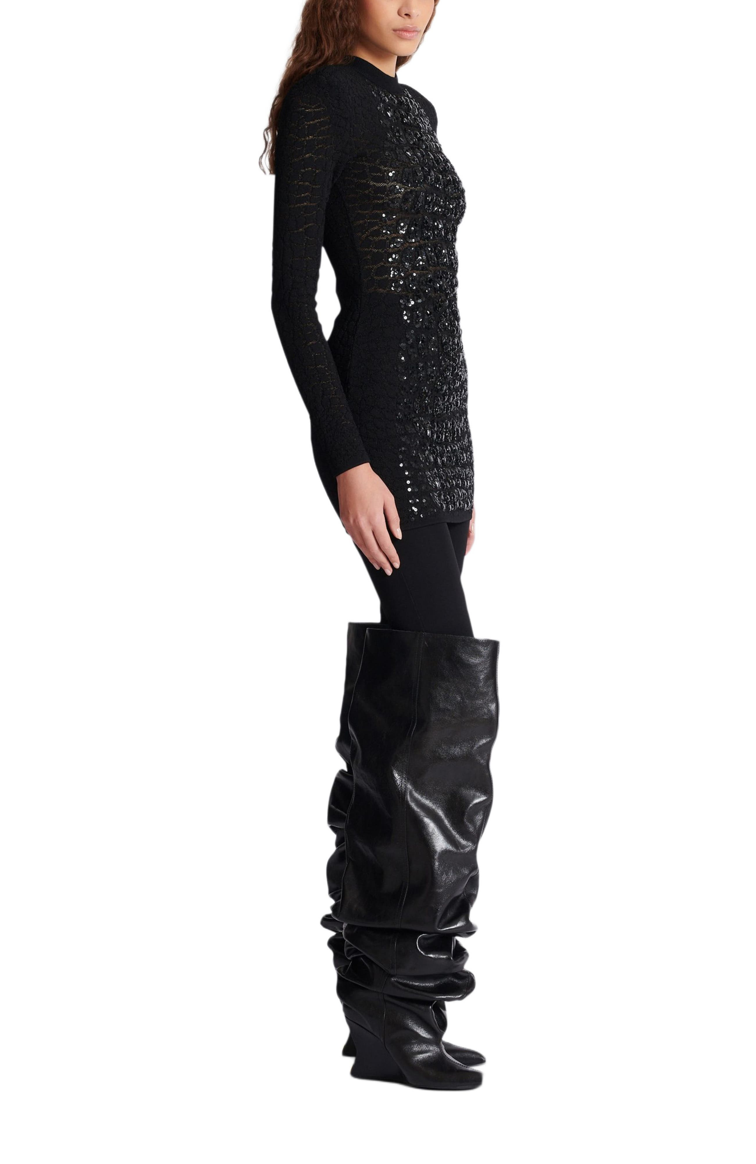 Balmain Short Sequin Dress In Crocodile Knit in Black at Nordstrom - 2