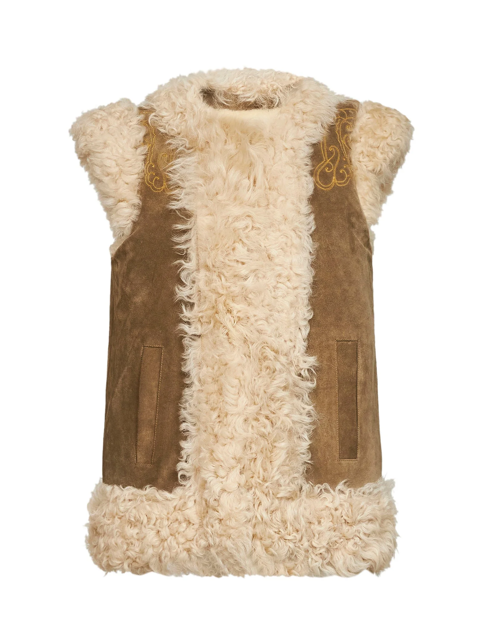 Camel shearling vest with peacock embroidery - 1