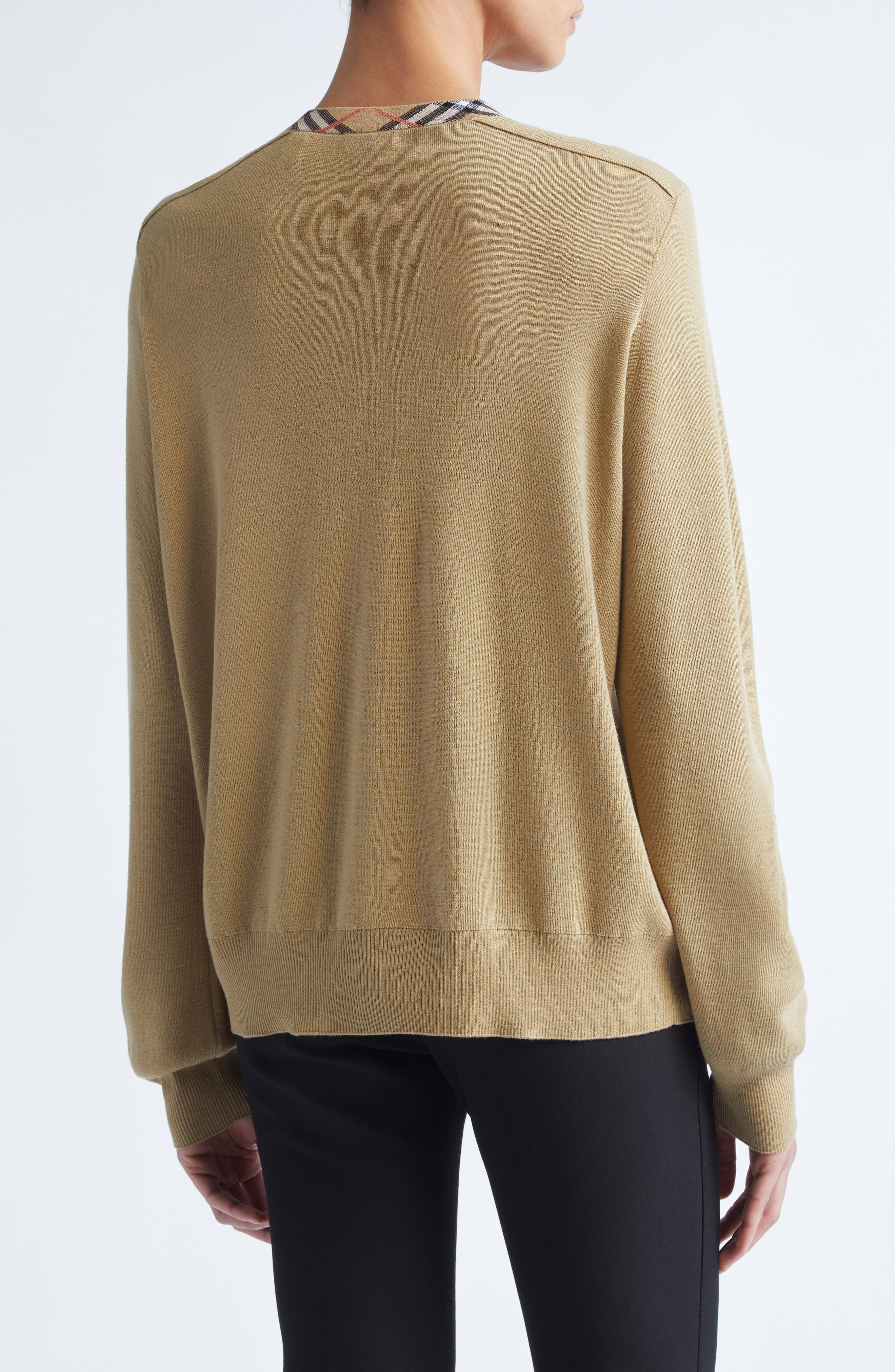 burberry Check Trim Wool Cardigan in Flax at Nordstrom - 2