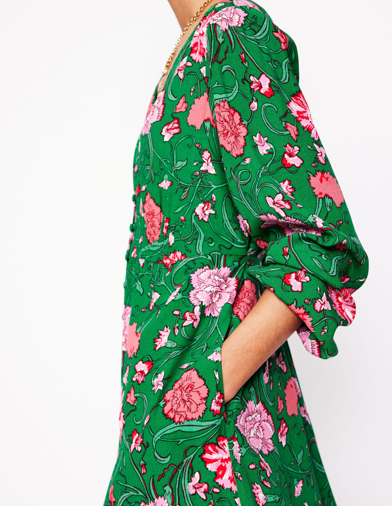 Cynthia Button Tea Dress-Rich Emerald, Carnation Vine 3