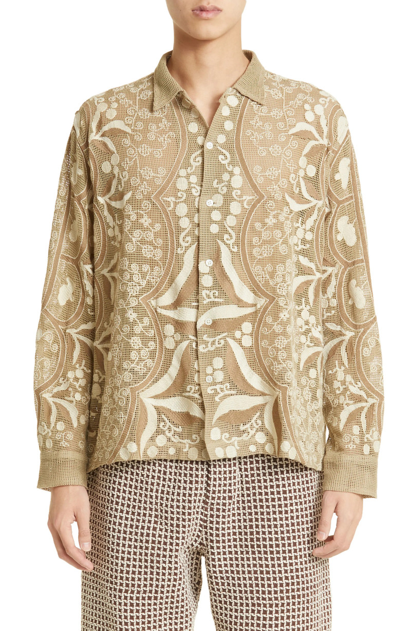 Filet Filigree Embroidered Mesh Button-Up Shirt 1
