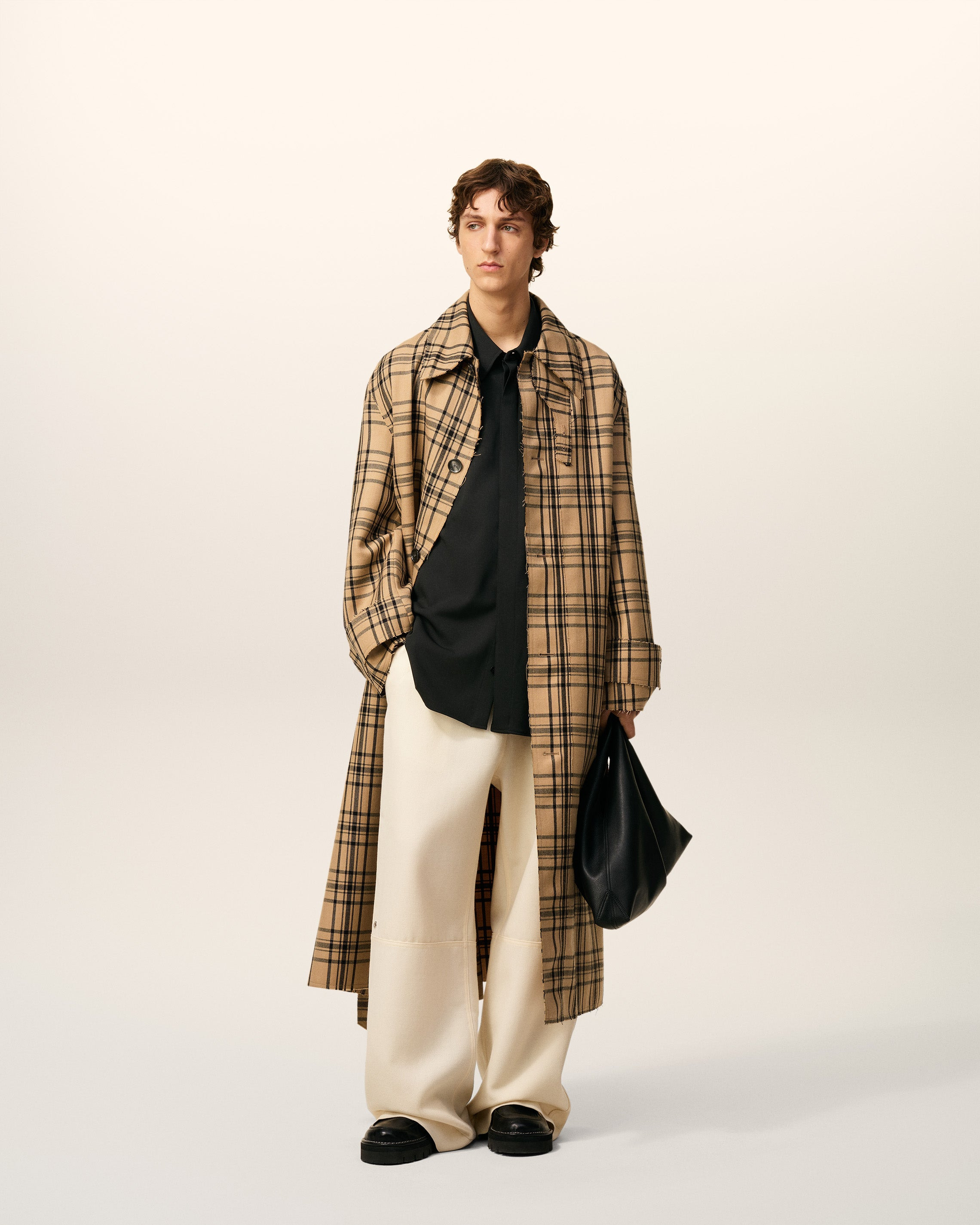 BROWN WOOL CHECKED BELTED MAC - 2