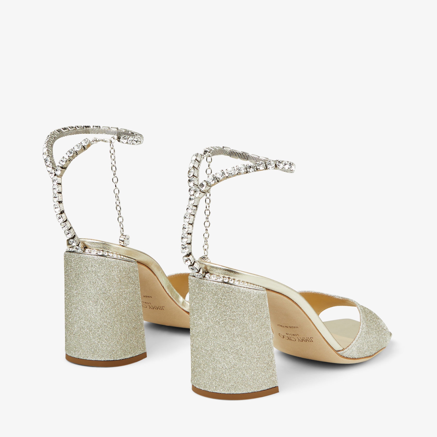 JIMMY CHOO Saeda Sandal Block Heel 85 ブロックヒールサンダル Saeda Sandal 85 | Ivory Satin Block Heel Sandals with