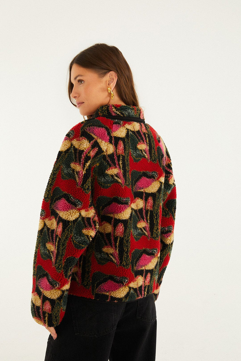 Black Wild Mushrooms Fleece Bomber Jacket 3