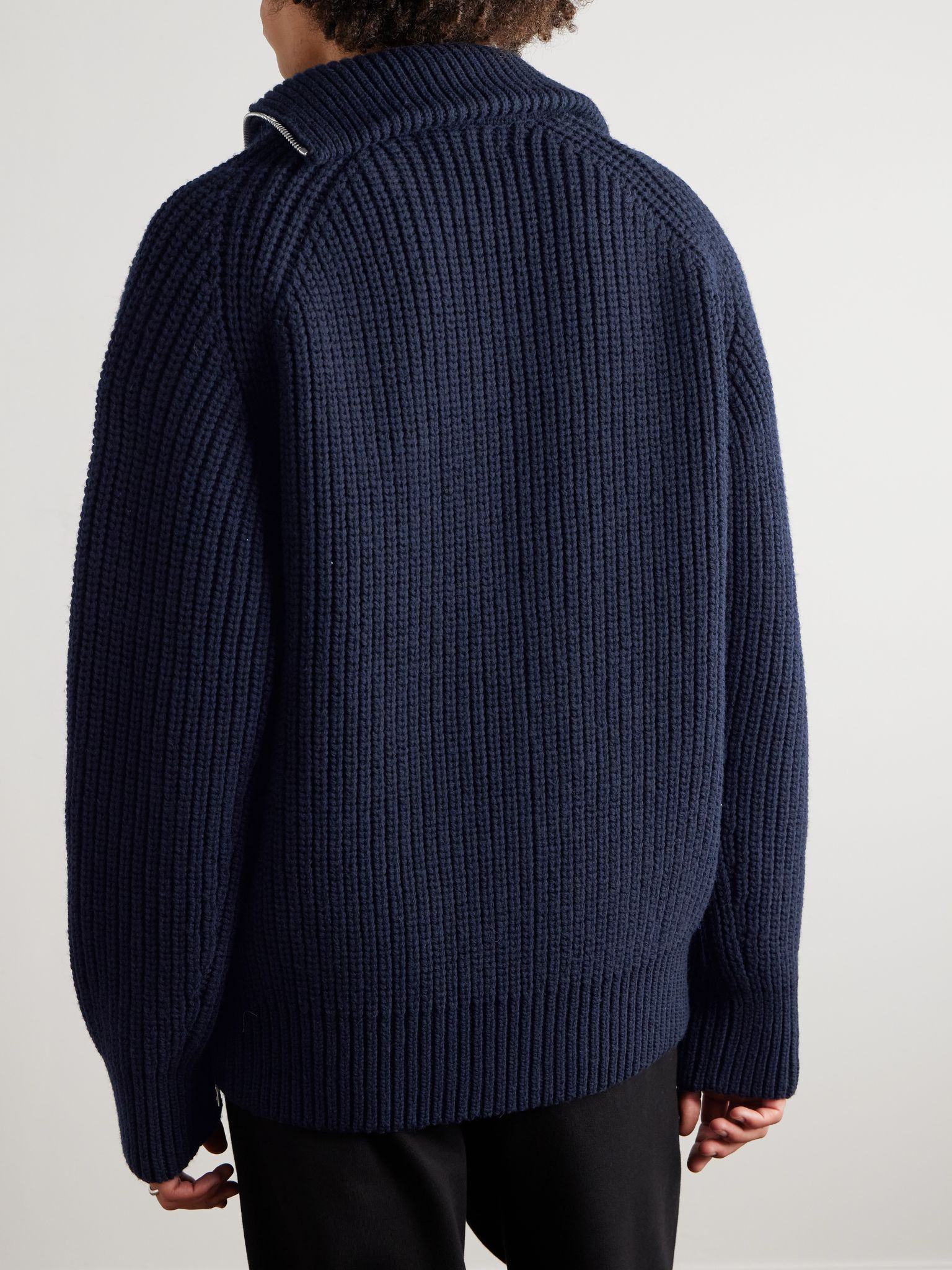 Ribbed Wool Zip-Up Sweater Black - 3