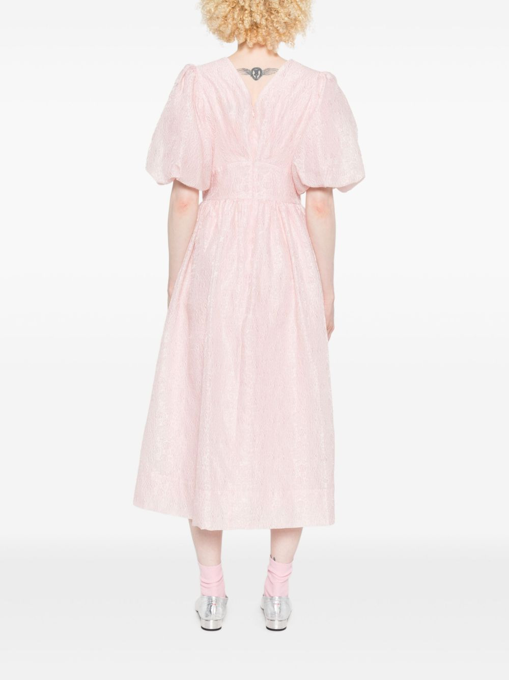 puff-sleeve V-neck midi dress - 4