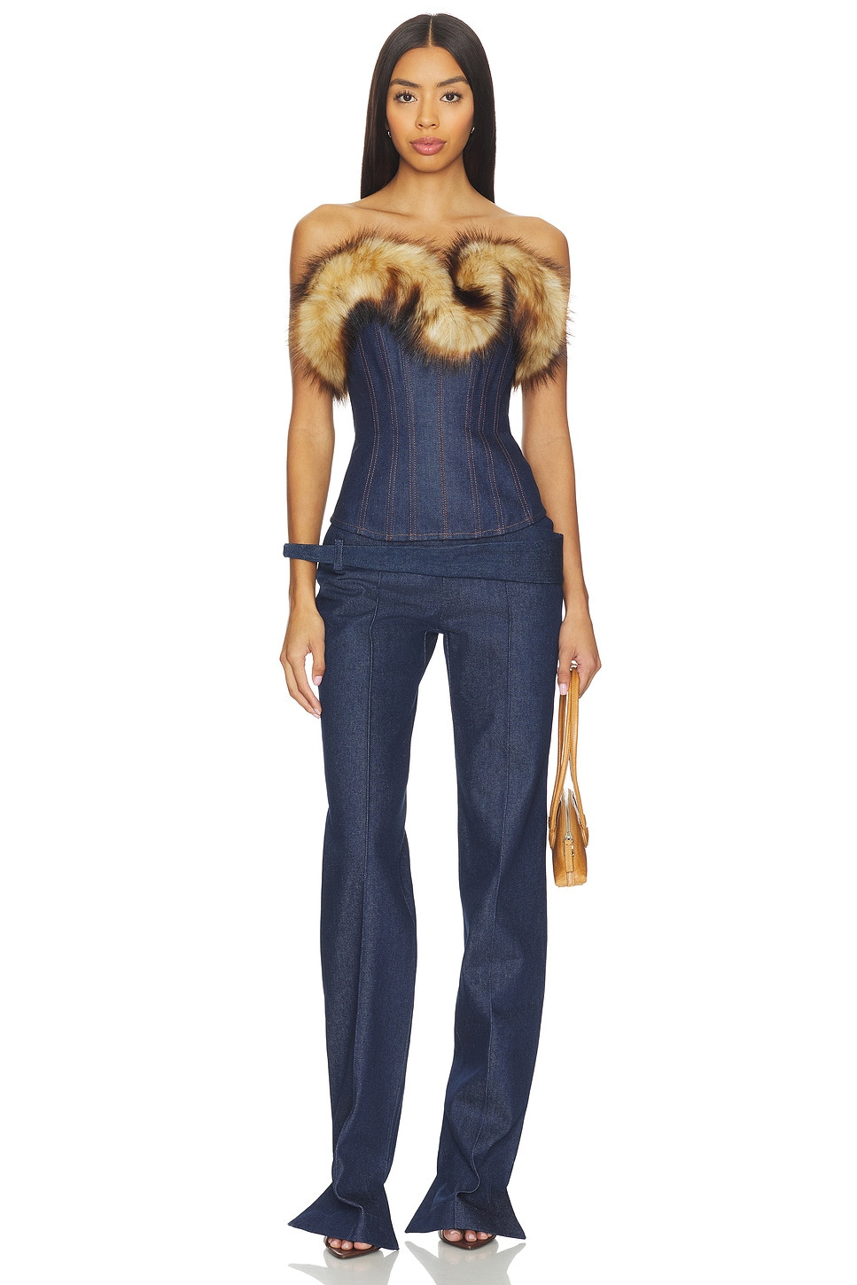 Detachable Faux Fur Trim Corset Top - 4
