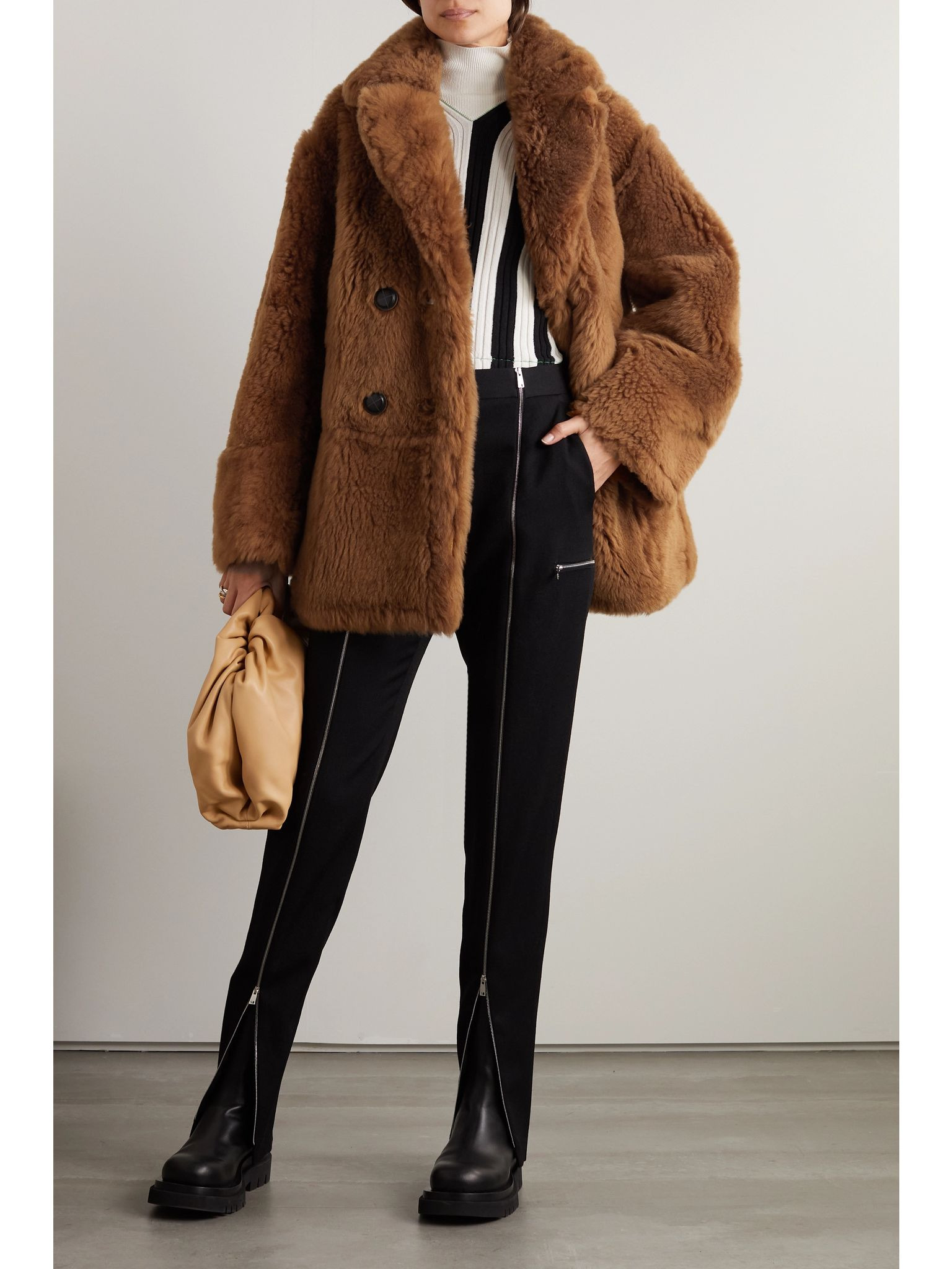 Double-breasted reversible shearling and leather coat Camel - 2
