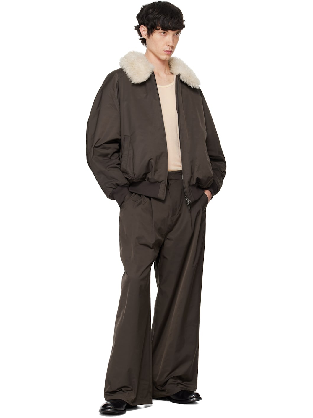 AMOMENTO Brown Oversized Shearing Reversible Bomber Jacket