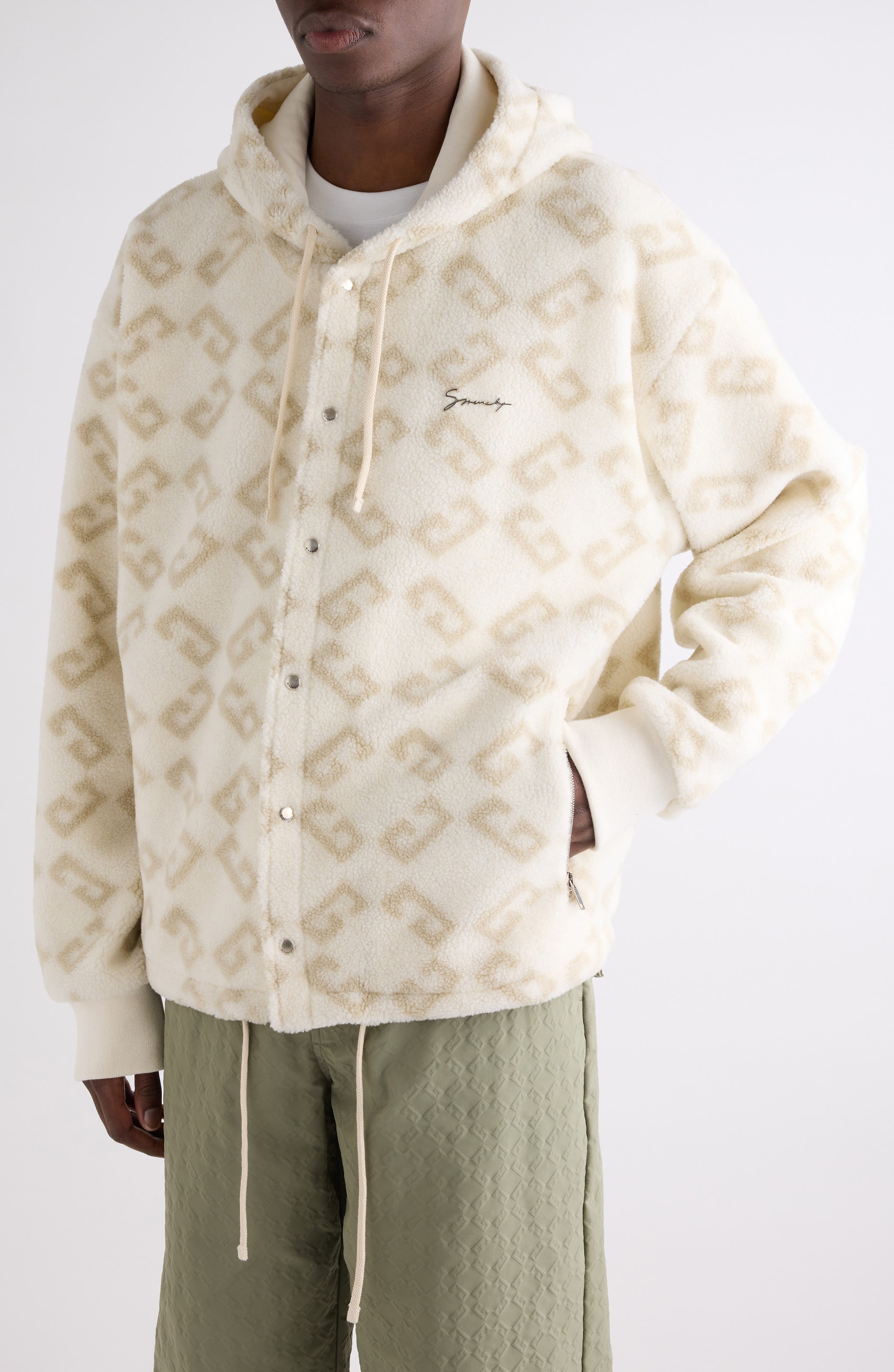 Givenchy Monogram 72 Print High Pile Fleece Snap-Up Hoodie in Natural at Nordstrom - 5
