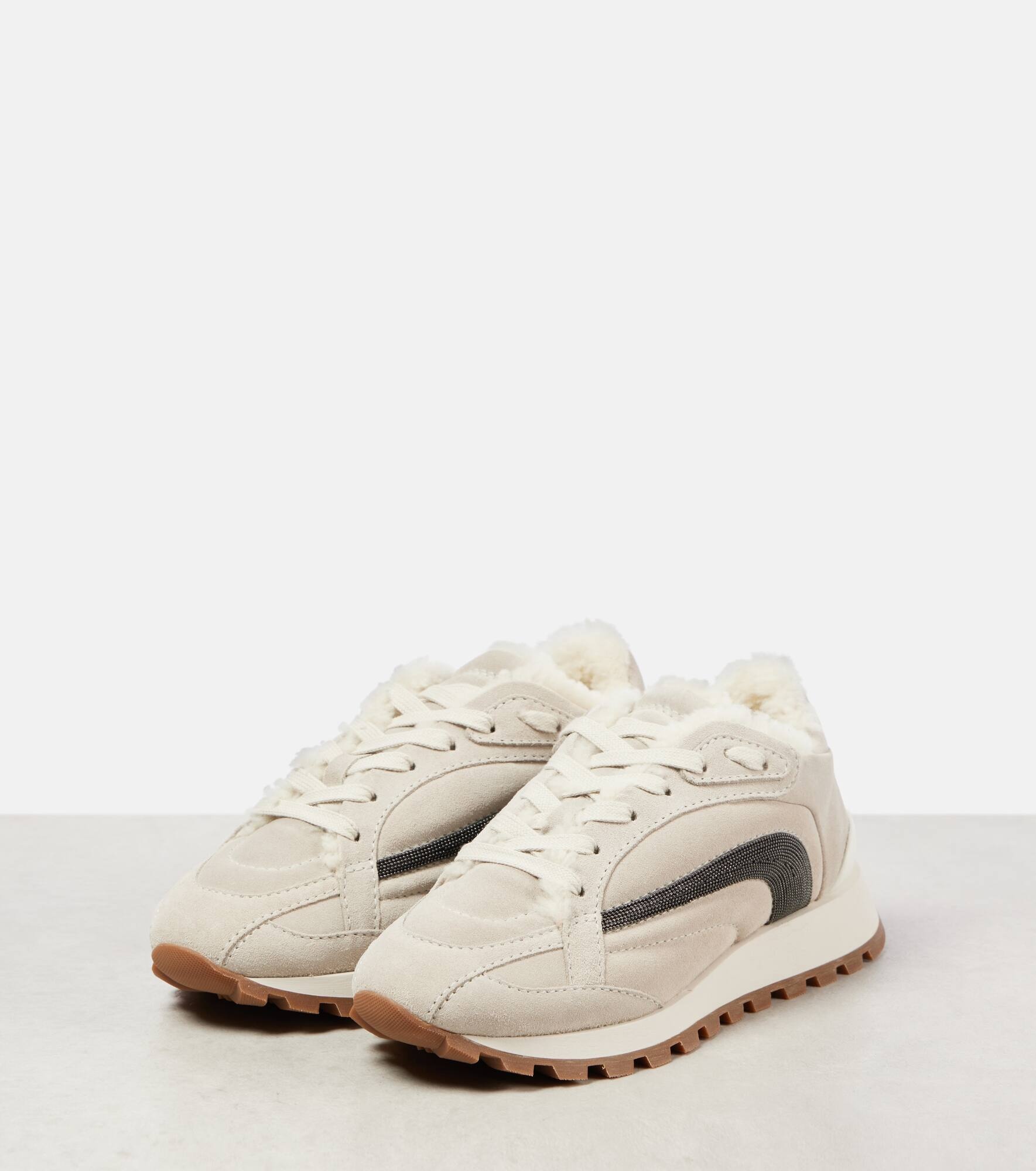 Monili Beads shearling-trimmed suede sneakers - 4