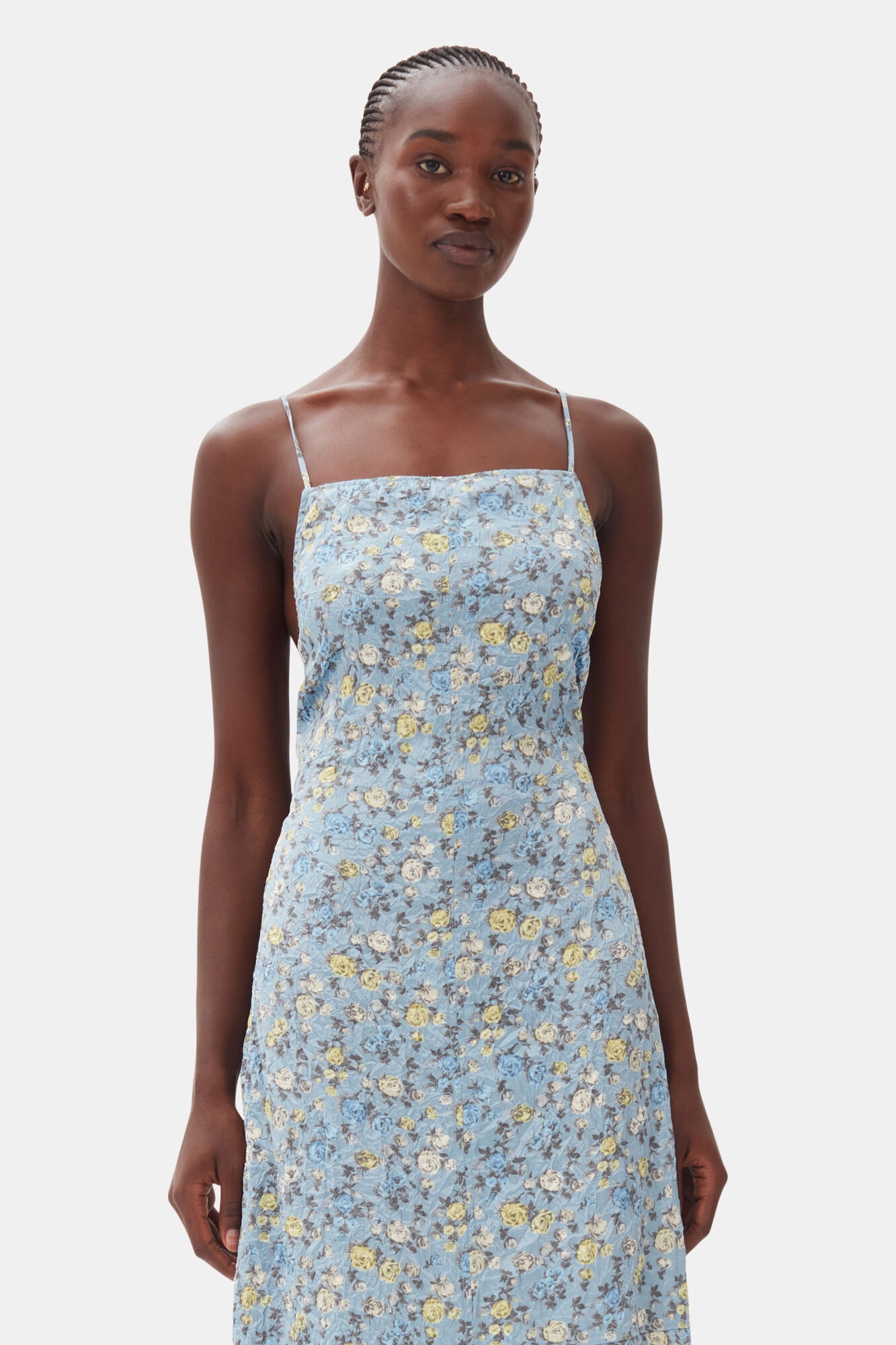 BLUE FLORAL CRINKLED SATIN LONG DRESS - 3