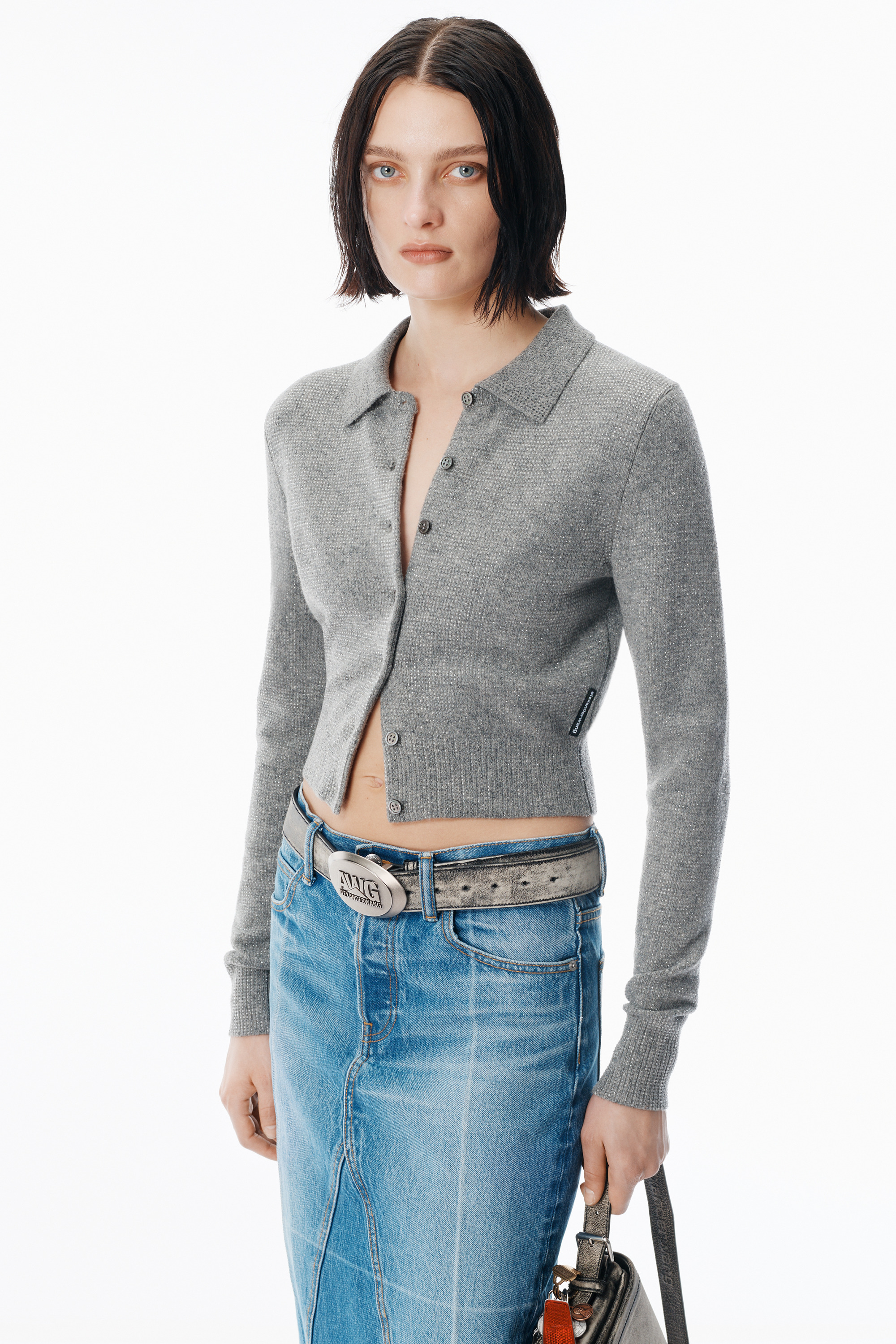 Grey Wool-Blend Hotfix Polo Cardigan - 3