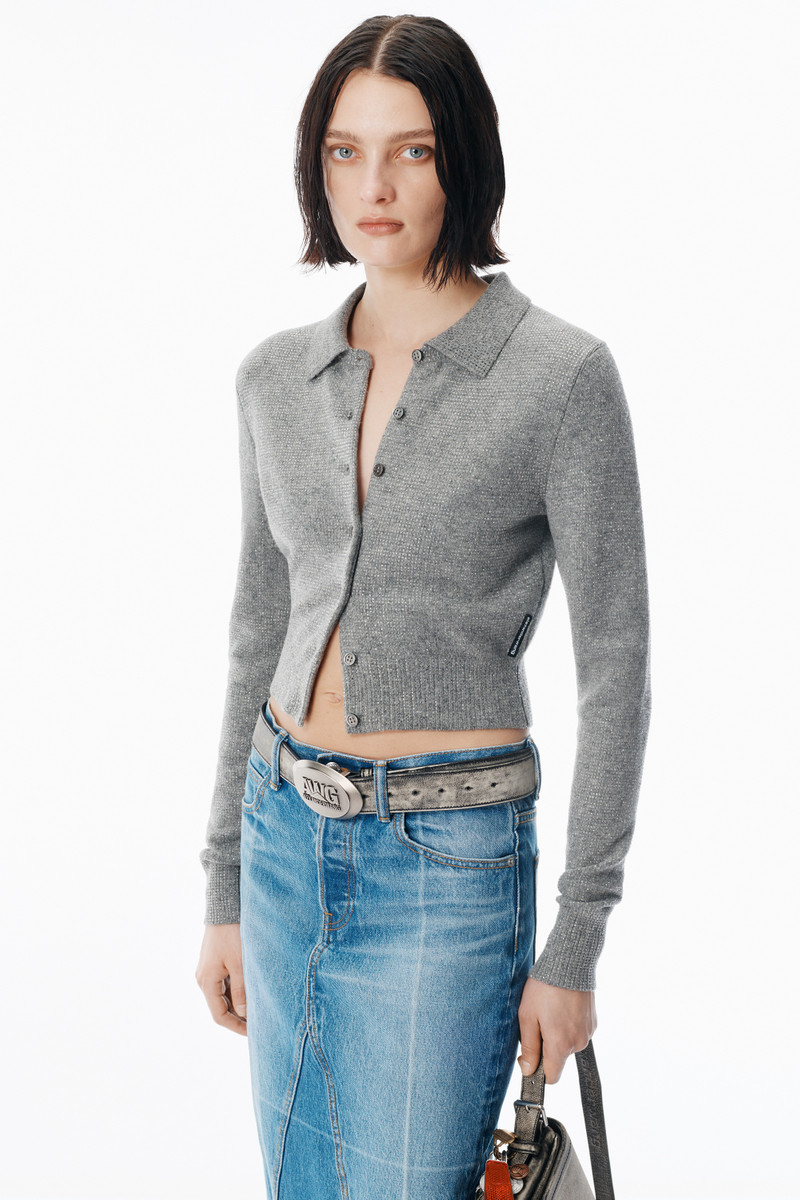 Grey Wool-Blend Hotfix Polo Cardigan 3