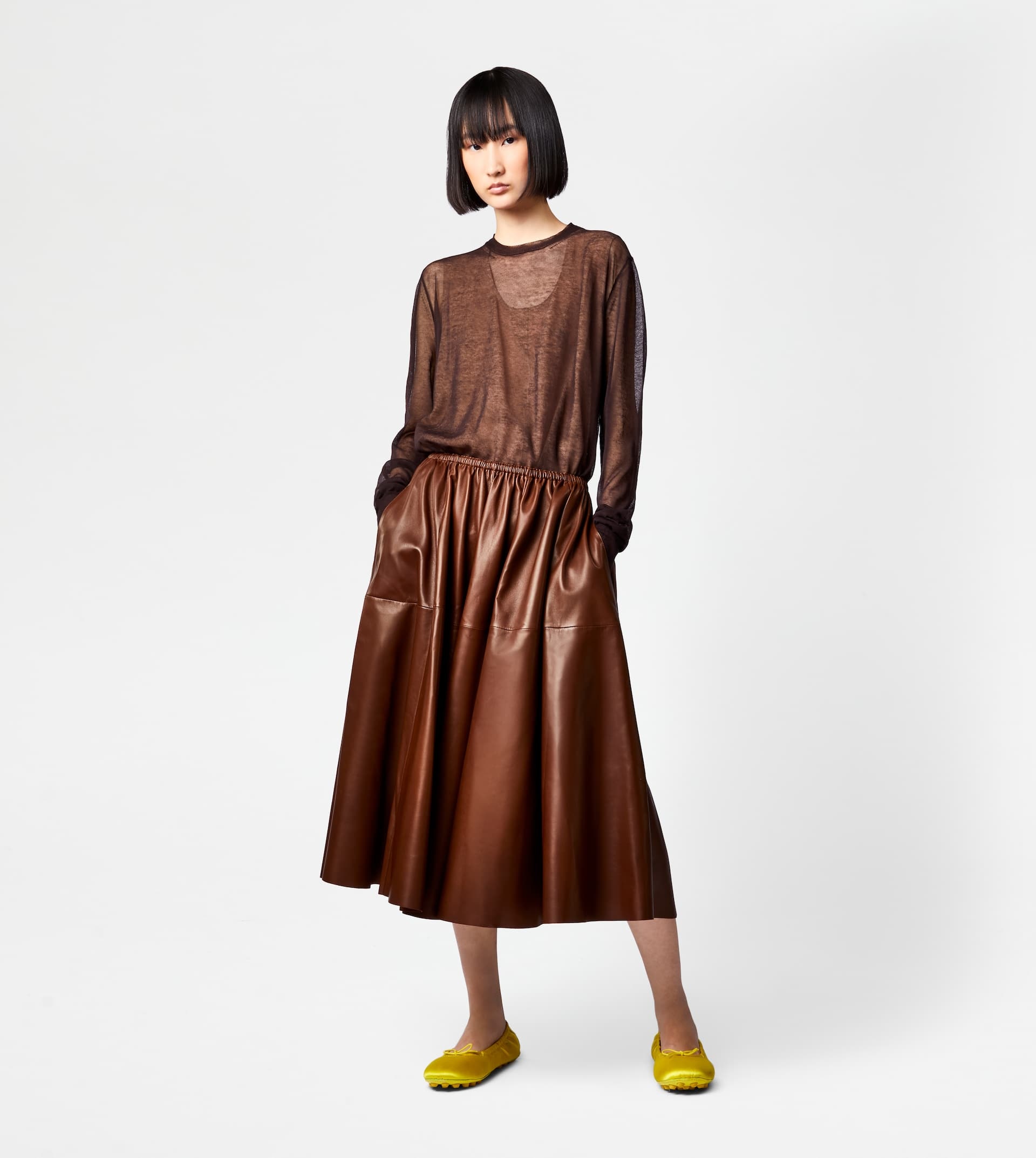 FLARED SKIRT IN LEATHER - BROWN - 2