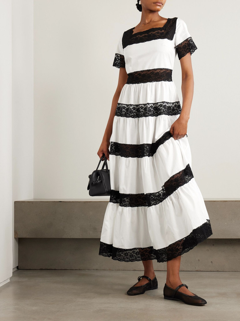 LORETTA CAPONI Tiered lace-trimmed cotton-poplin midi dress White outlook