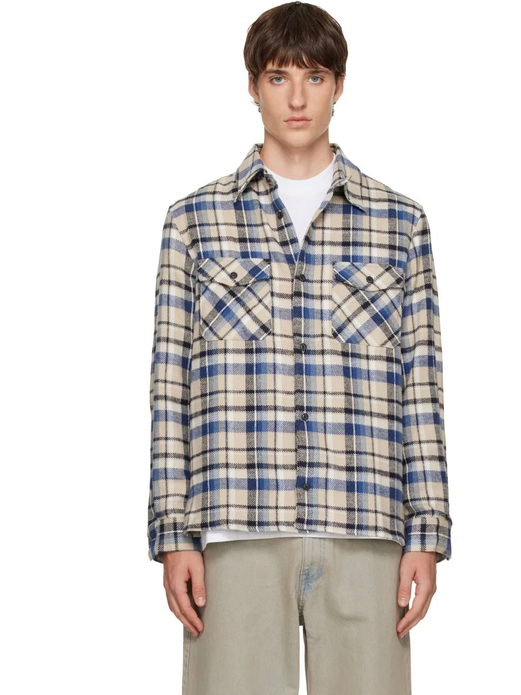 Beige & Blue Checked Cotton Flannel Shirt - 1