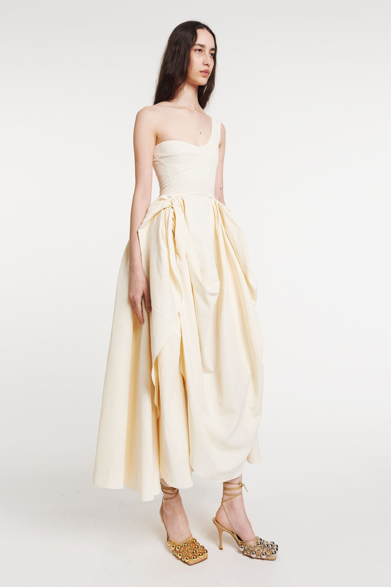 ASYMMETRIC OFF-SHOULDER DRESS WITH GATHERED DRAPED SKIRT ECRU 2