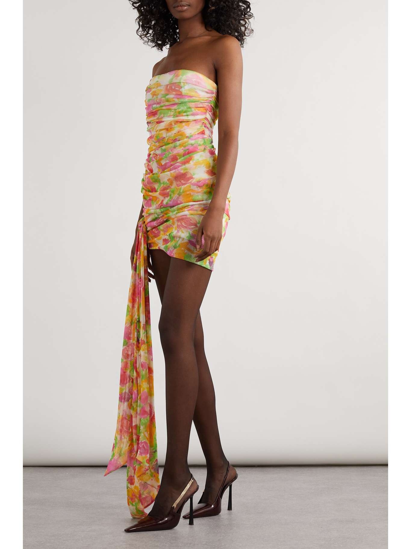 SAINT LAURENT Strapless asymmetric ruched floral-print tulle