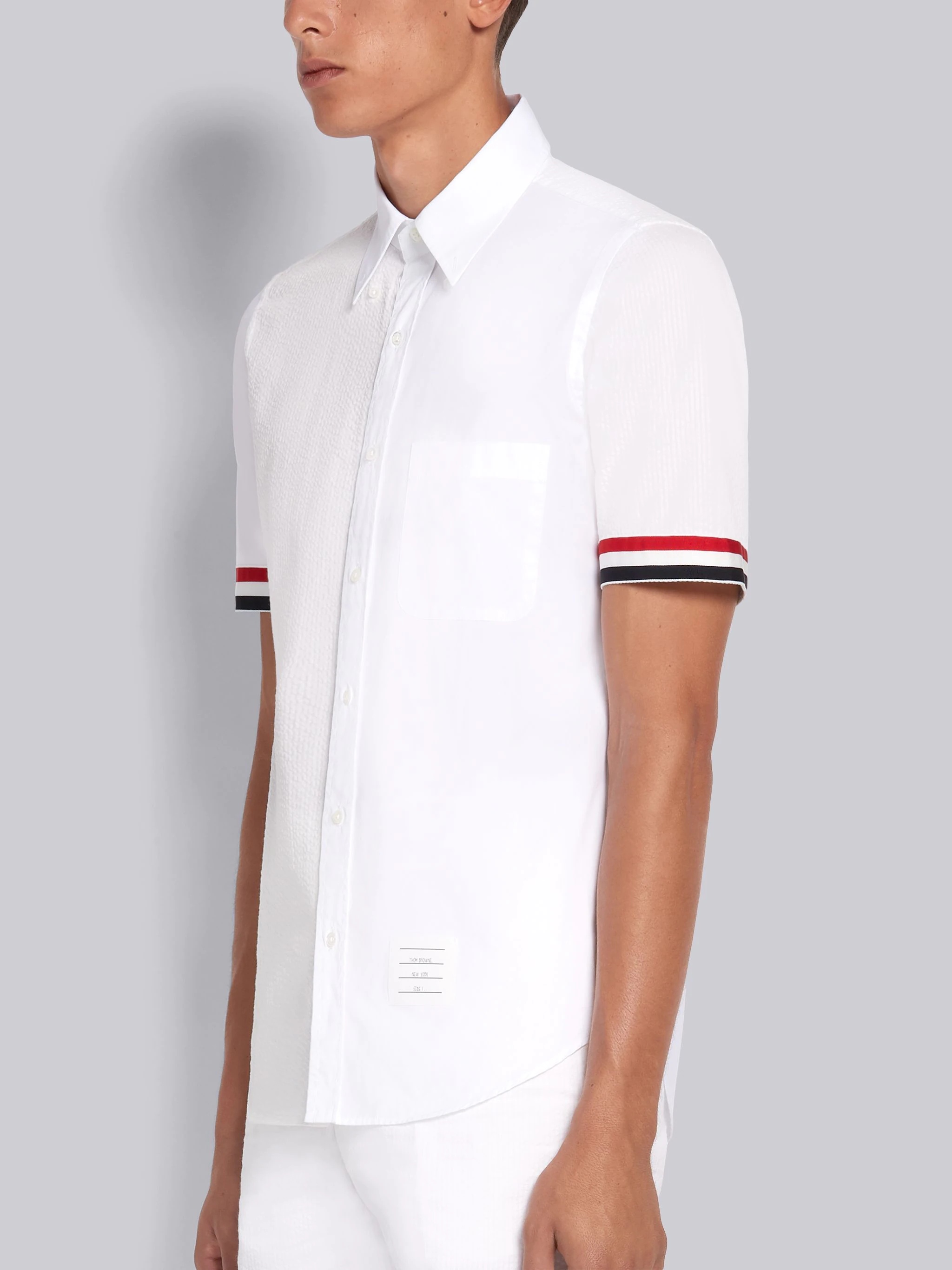 White Fun-Mix Cotton Seersucker Grosgrain Cuff Straight Fit Short Sleeve Shirt - 2