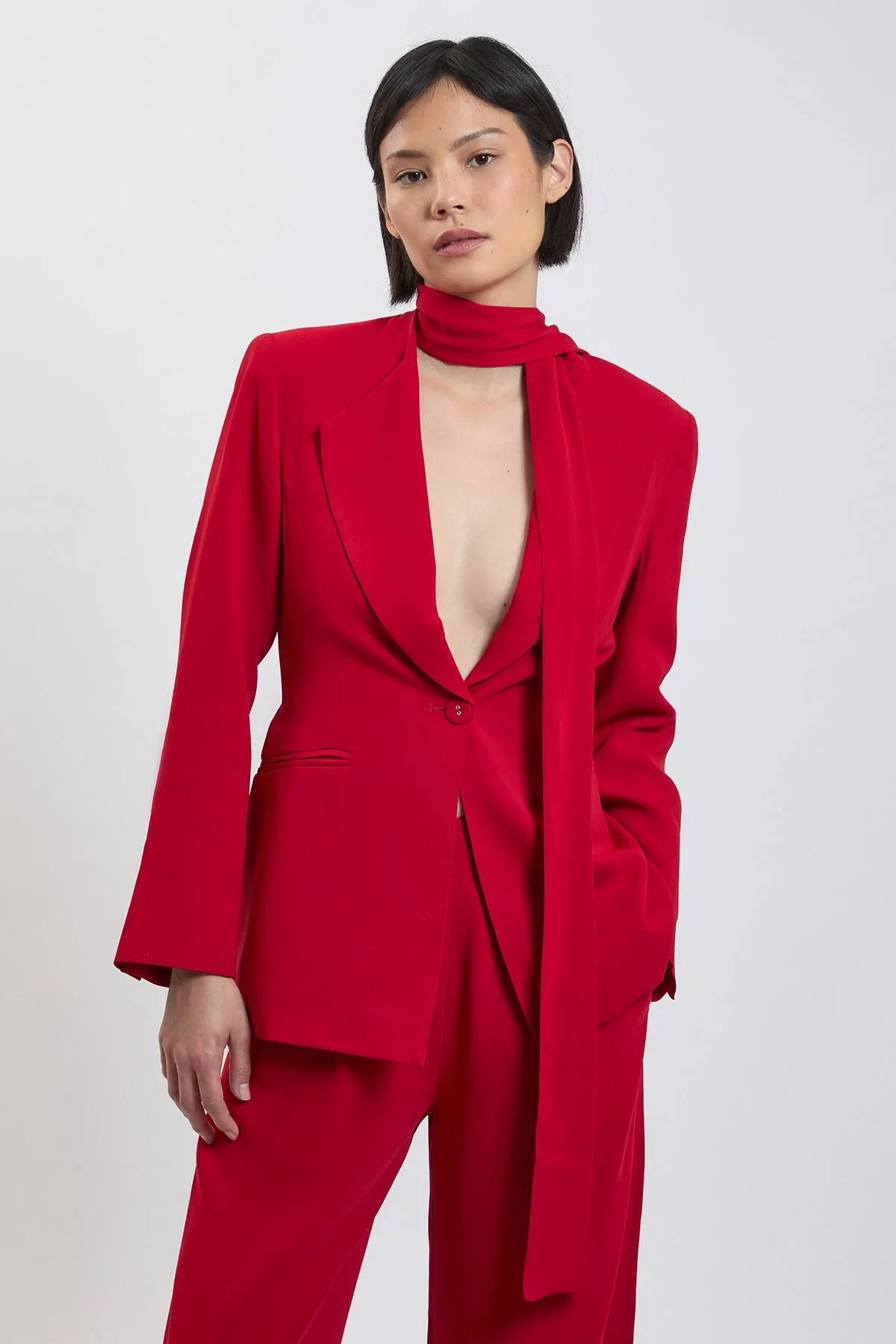 Petite Compact Stretch Viscose Tie Neck Tailored Blazer - 1