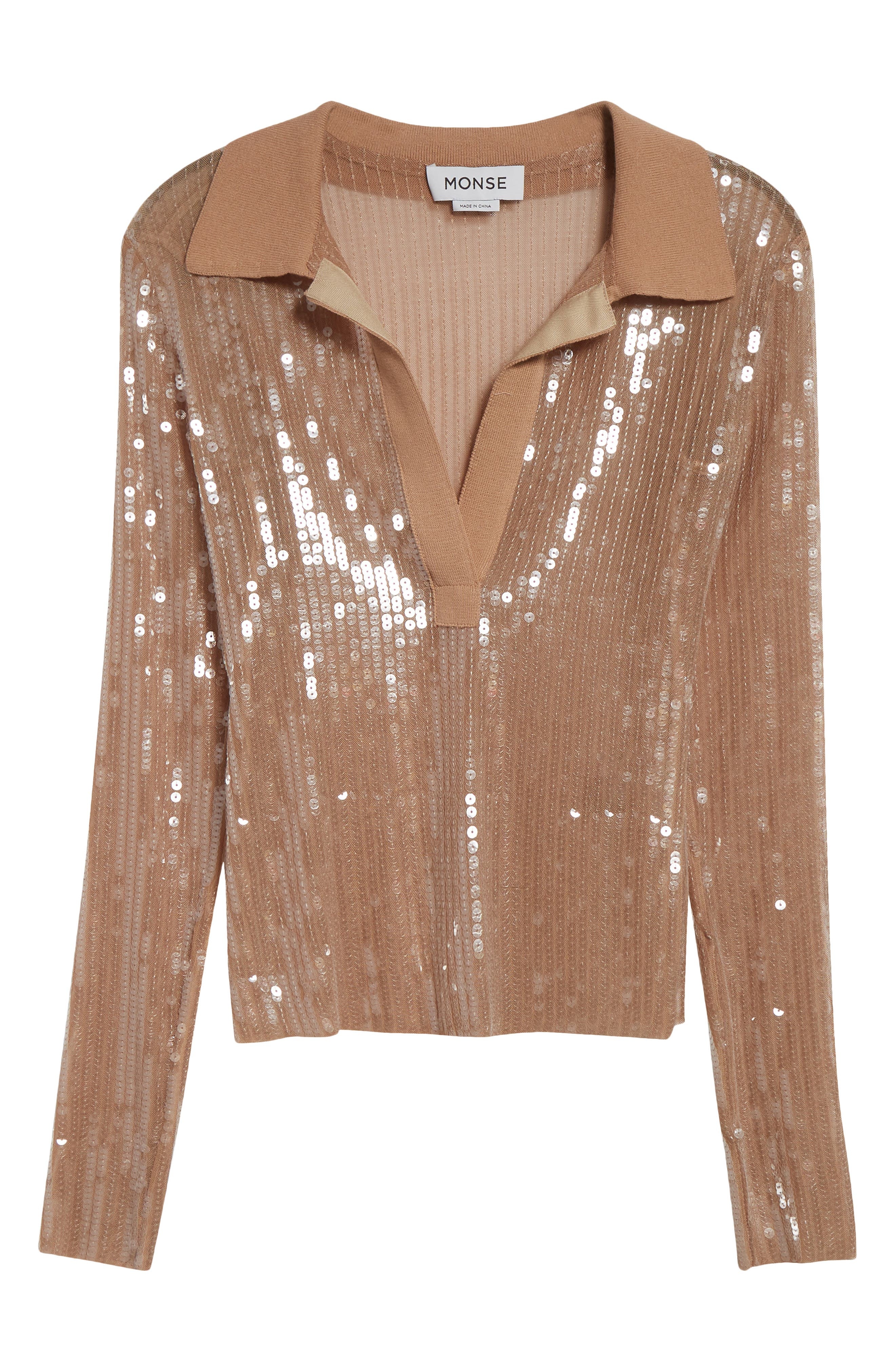 MONSE Long Sleeve Sequin Mesh Polo in Beige at Nordstrom - 6