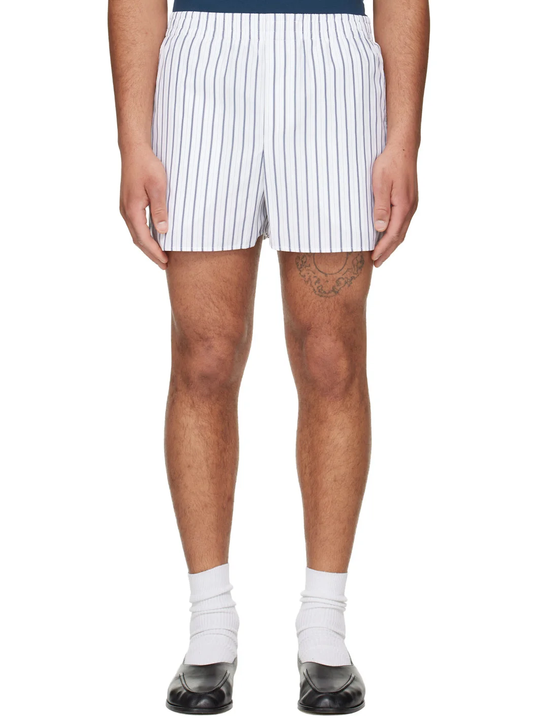 White & Navy Cotton Elasticated Shorts - 1