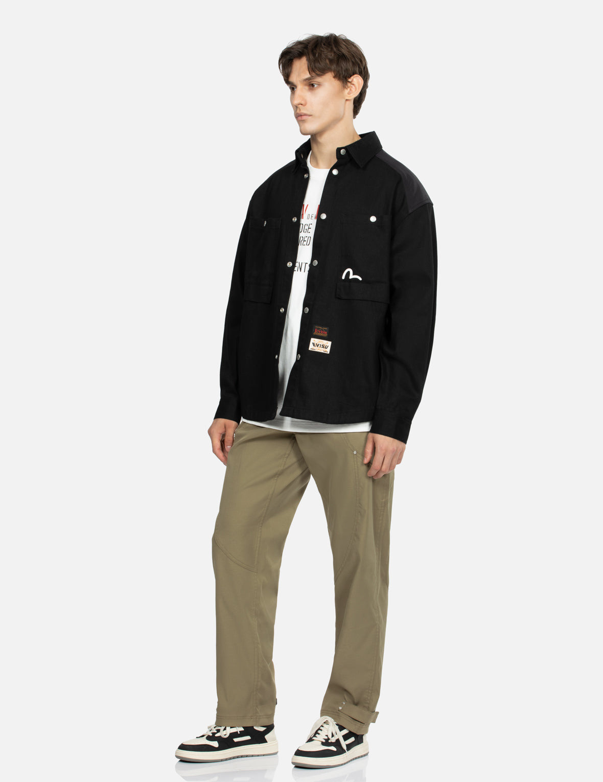 SEAGULL AND SLOGAN PRINT LOOSE FIT WORK SHIRT JACKET - 3