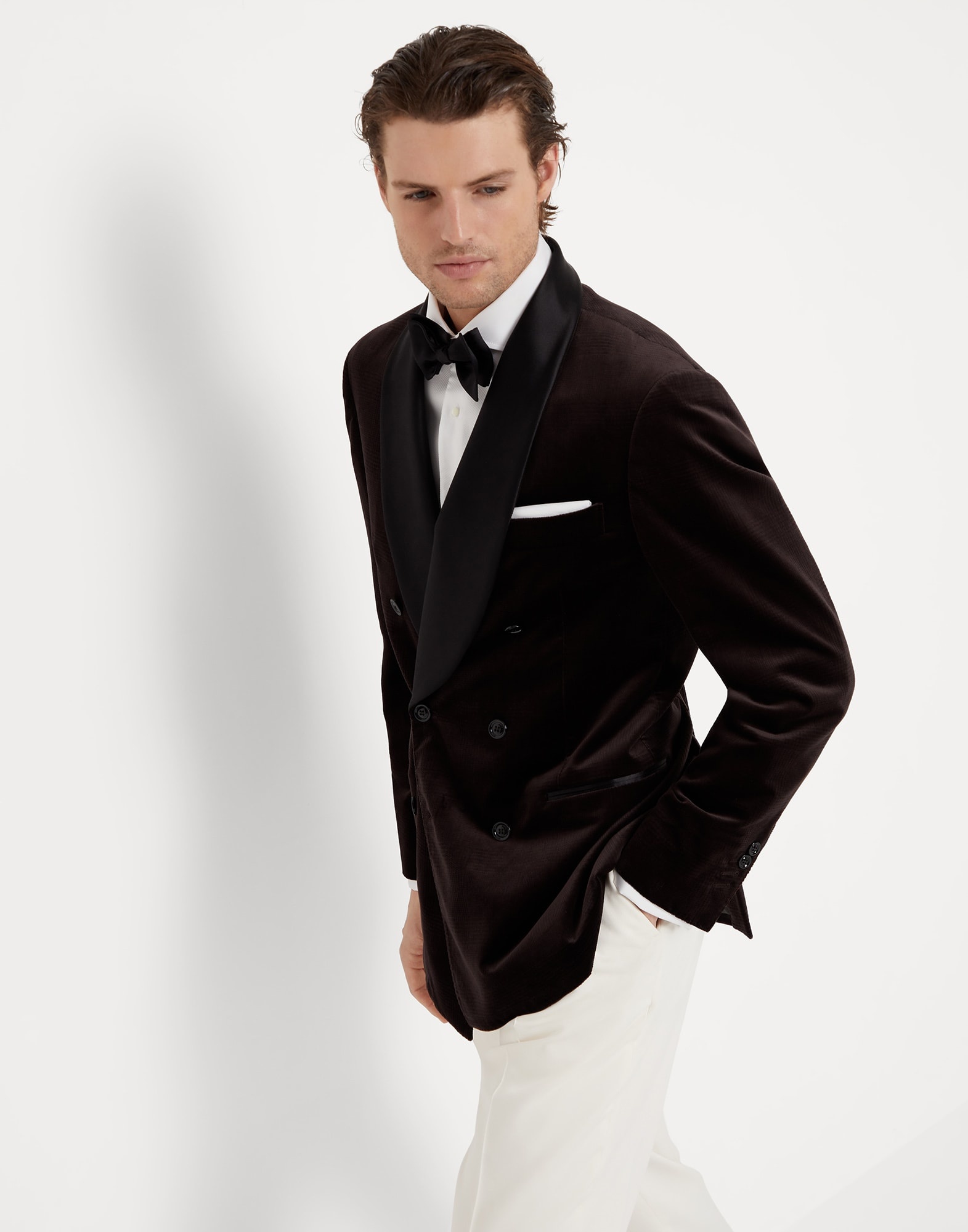 Cotton Prince of Wales velvet one-and-a-half breasted tuxedo jacket with shawl lapels - 4