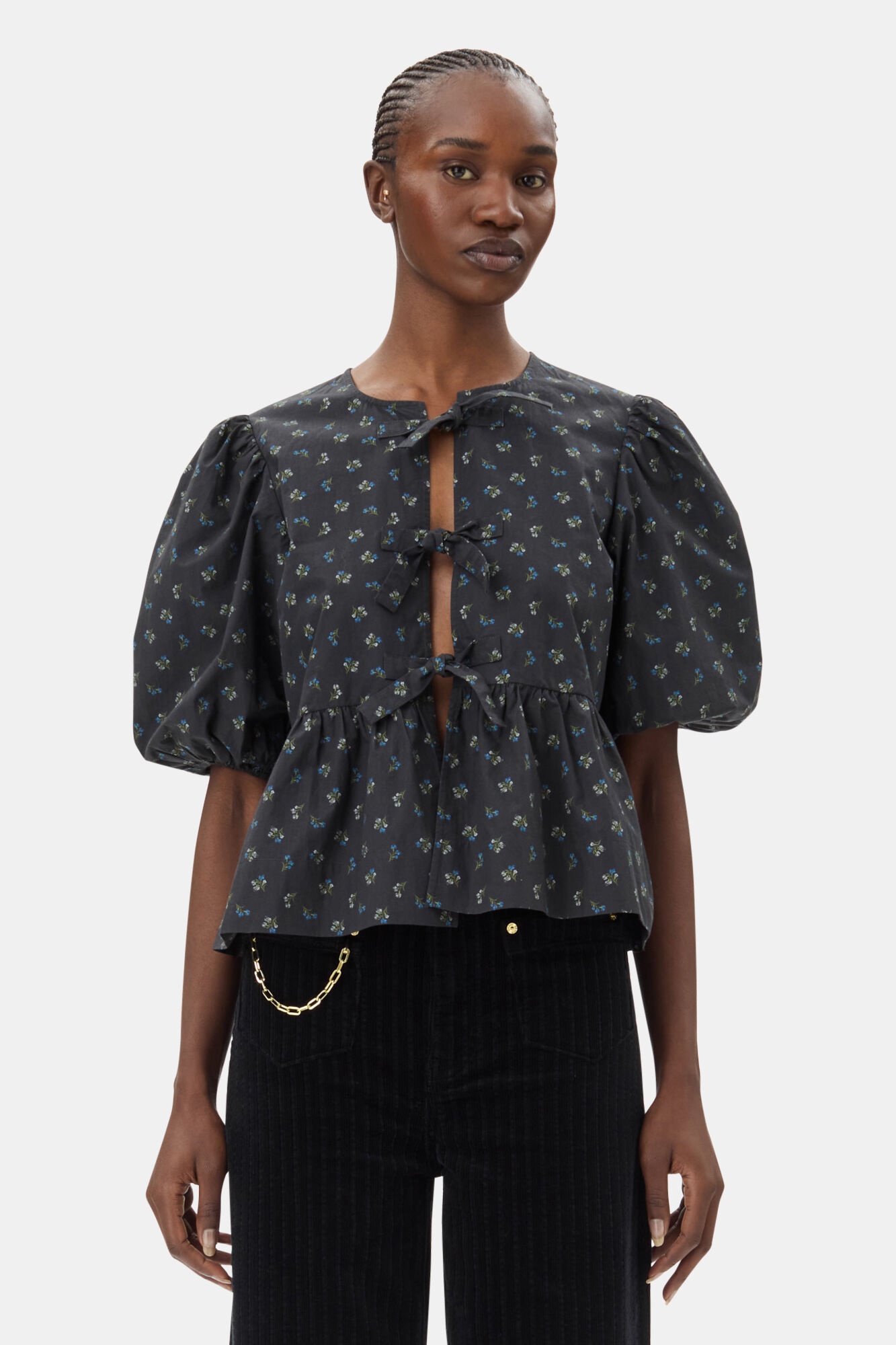 BLACK PRINTED COTTON PEPLUM BLOUSE - 2