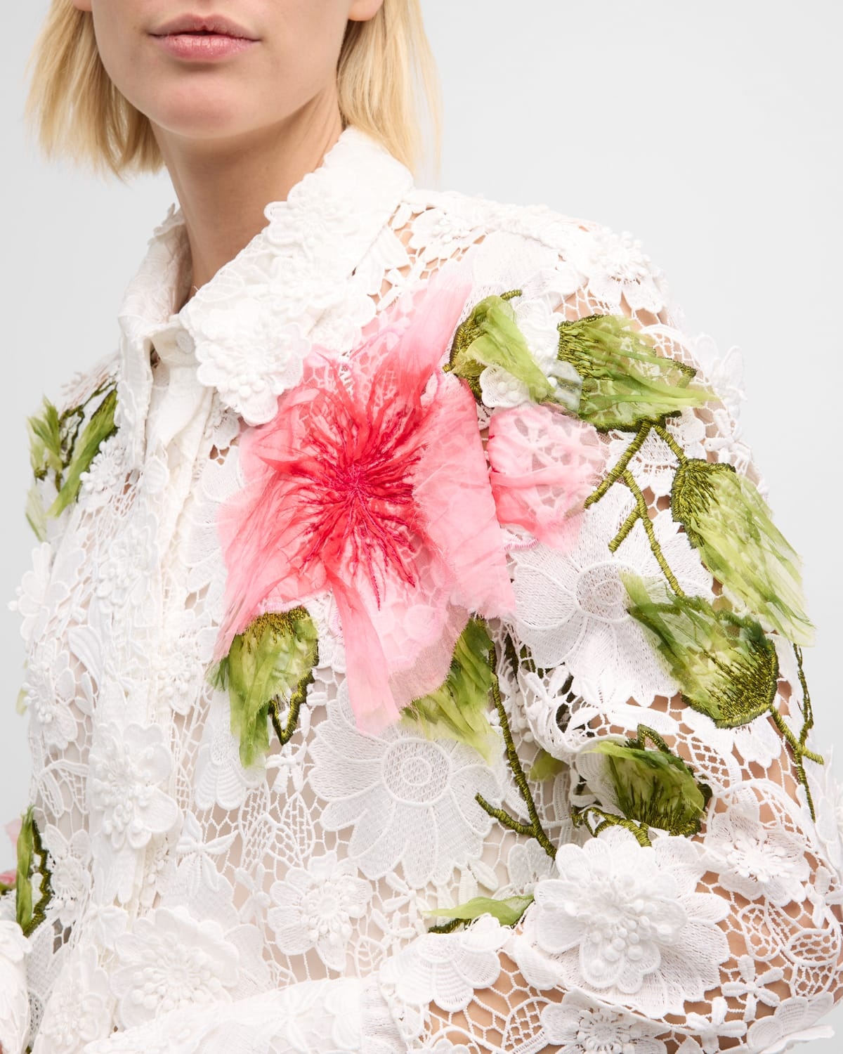 Hibiscus Embroidered Long-Sleeve Floral Guipure Collared Top - 5