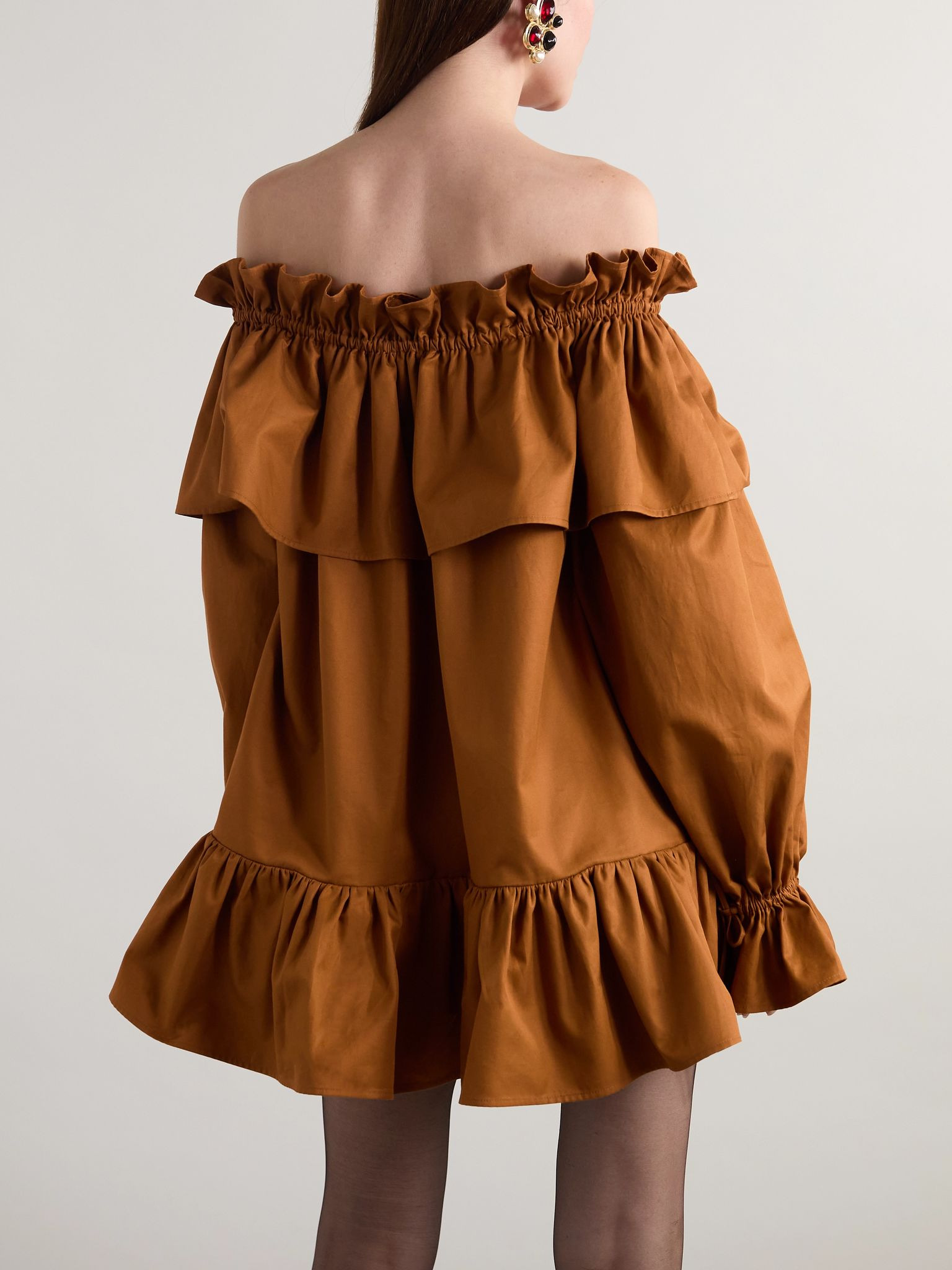 Off-the-shoulder ruffled cotton-twill mini dress Brick - 3