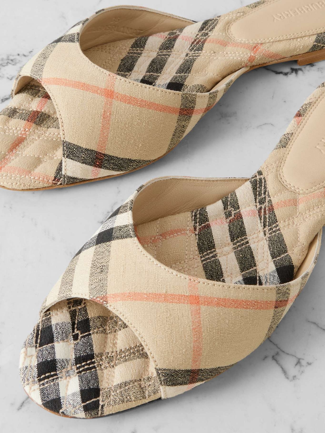 Checked linen slides Sand - 4