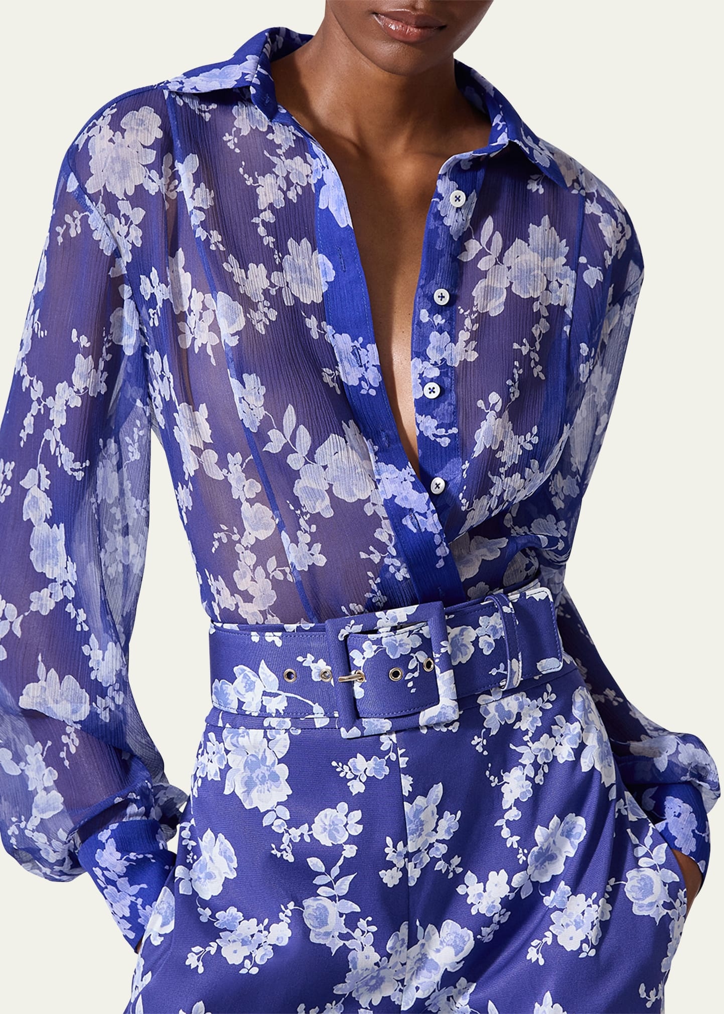 Floral Button Down Chiffon Blouse - 4