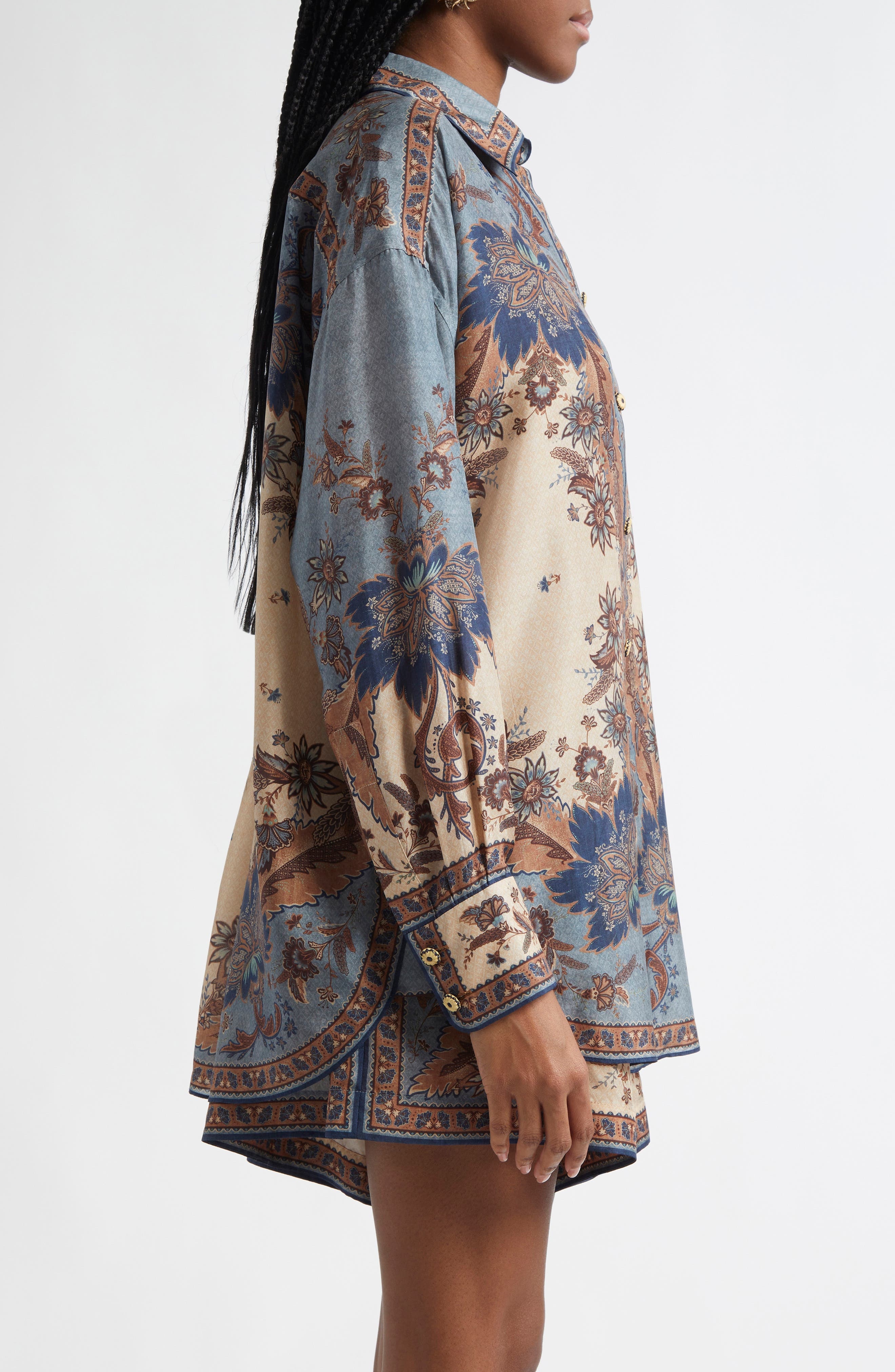 Zimmermann Ascension Silk Habutai Button-Up Shirt in Blue/Cream Indienne Floral at Nordstrom - 4