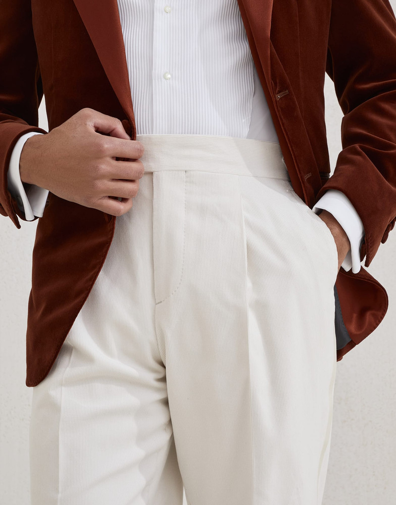 Sea Island cotton narrow wale corduroy tuxedo trousers with pleat and waist tabs 3