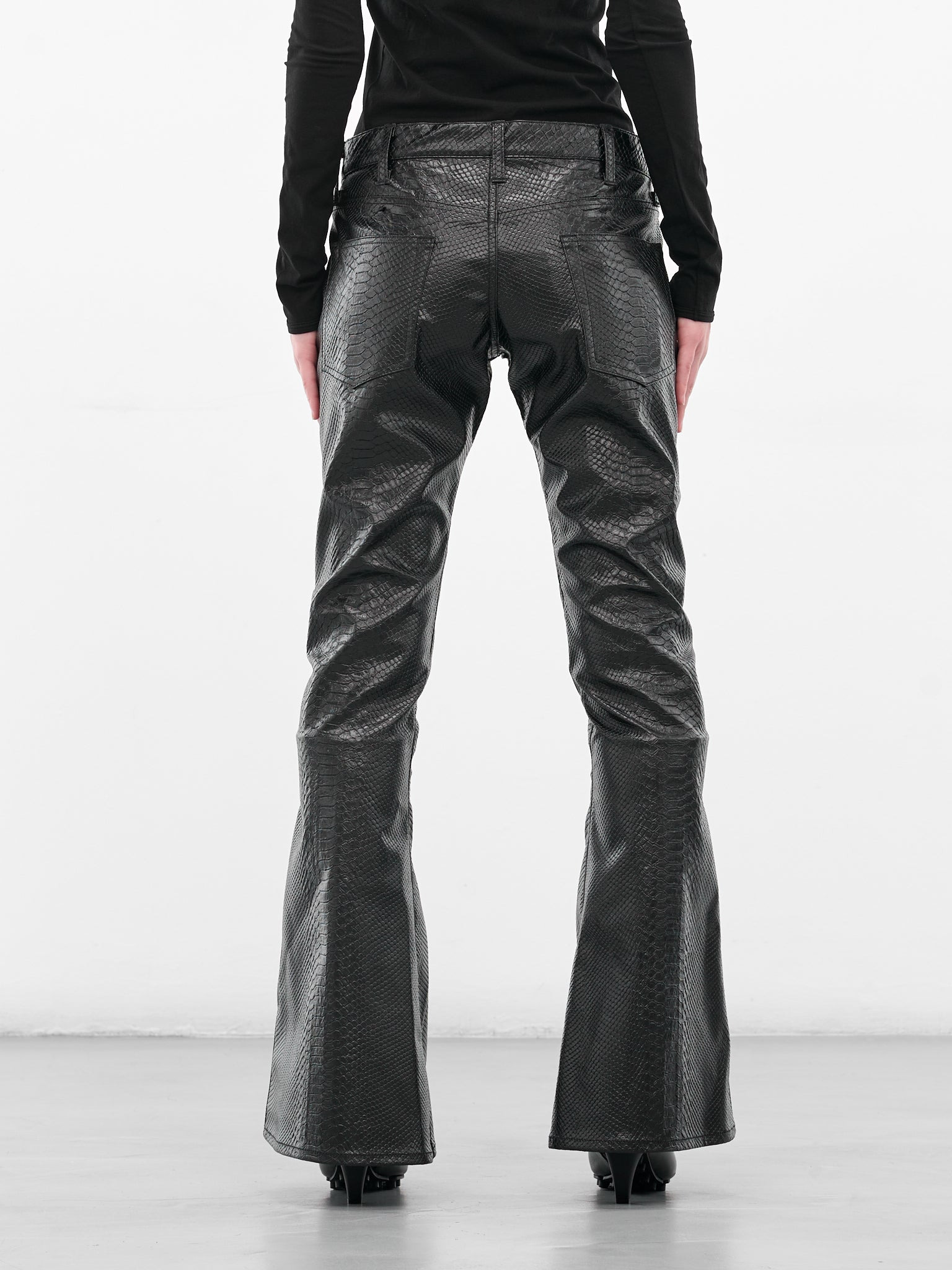 Black Snakeskin Leather Flared Trousers - 3