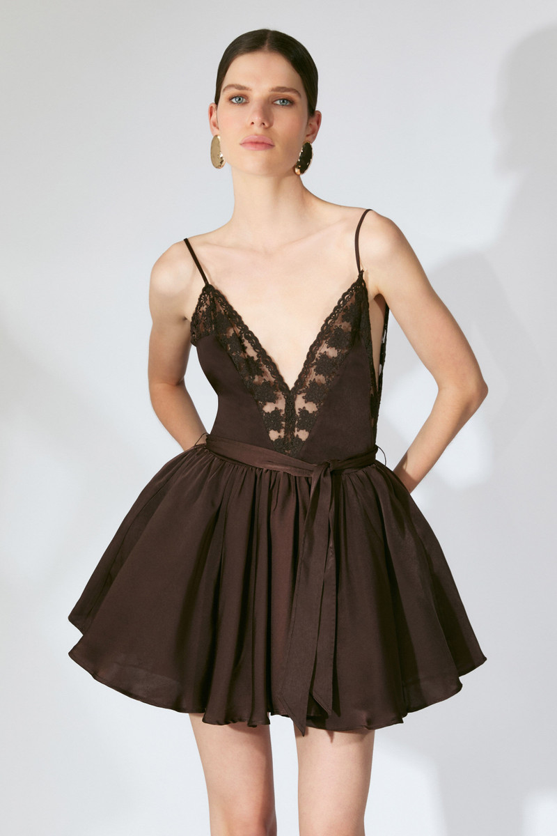 BARDOT Natalia Lace Trim Mini Dress In Dark Chocolate outlook