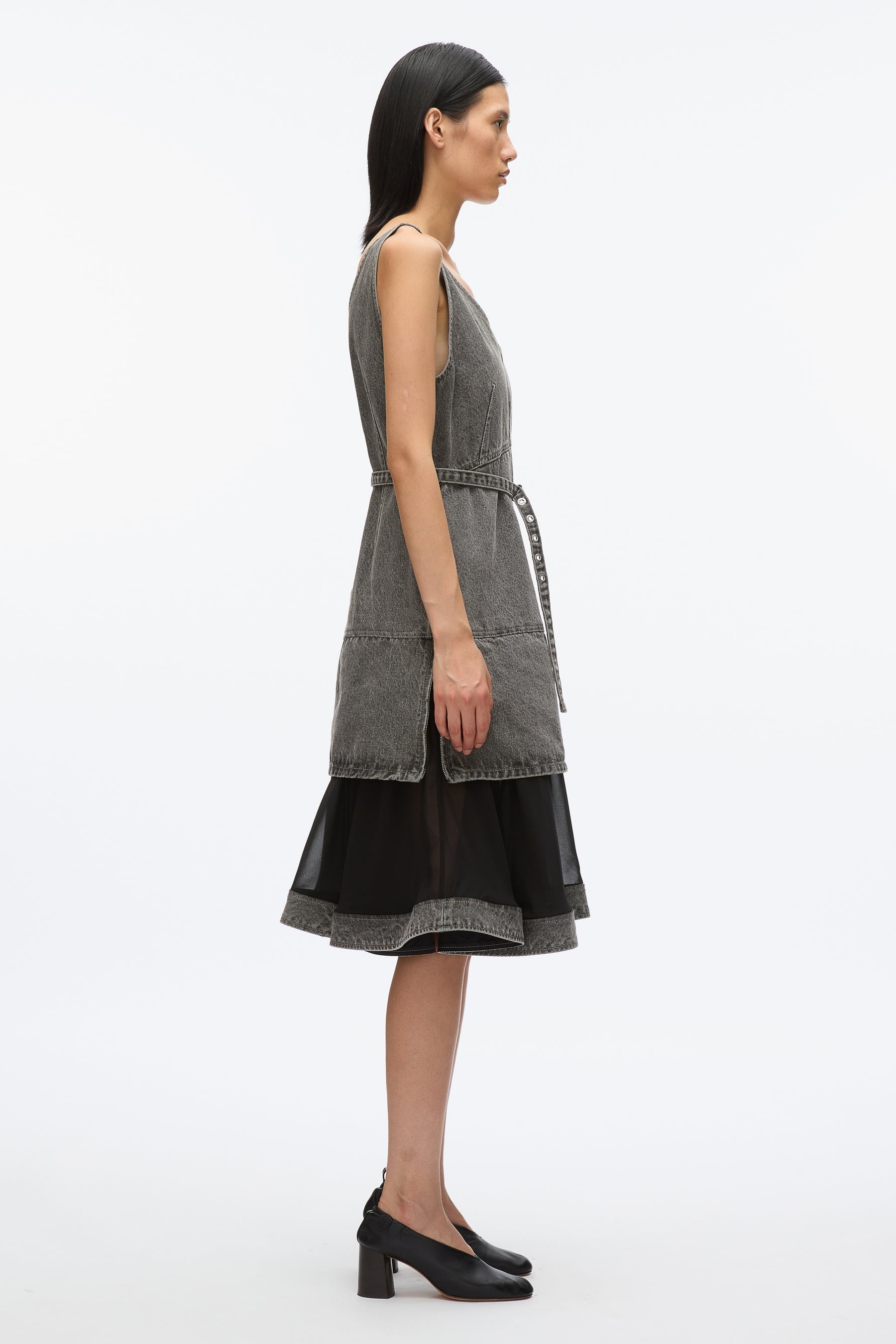 Denim V Neck Dress with Chiffon Hem - 3