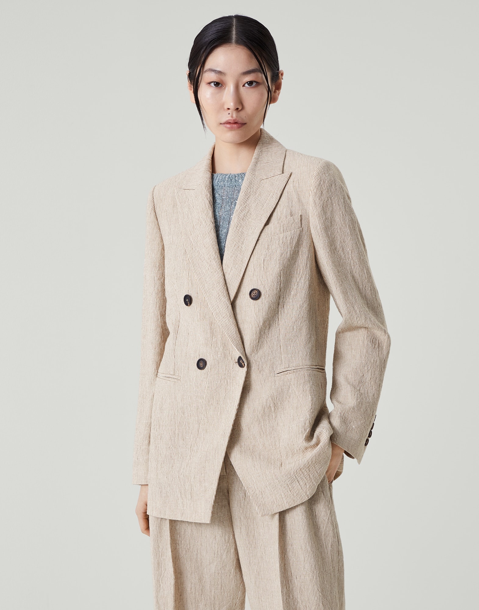 Wrinkled striped linen blazer with monili - 1