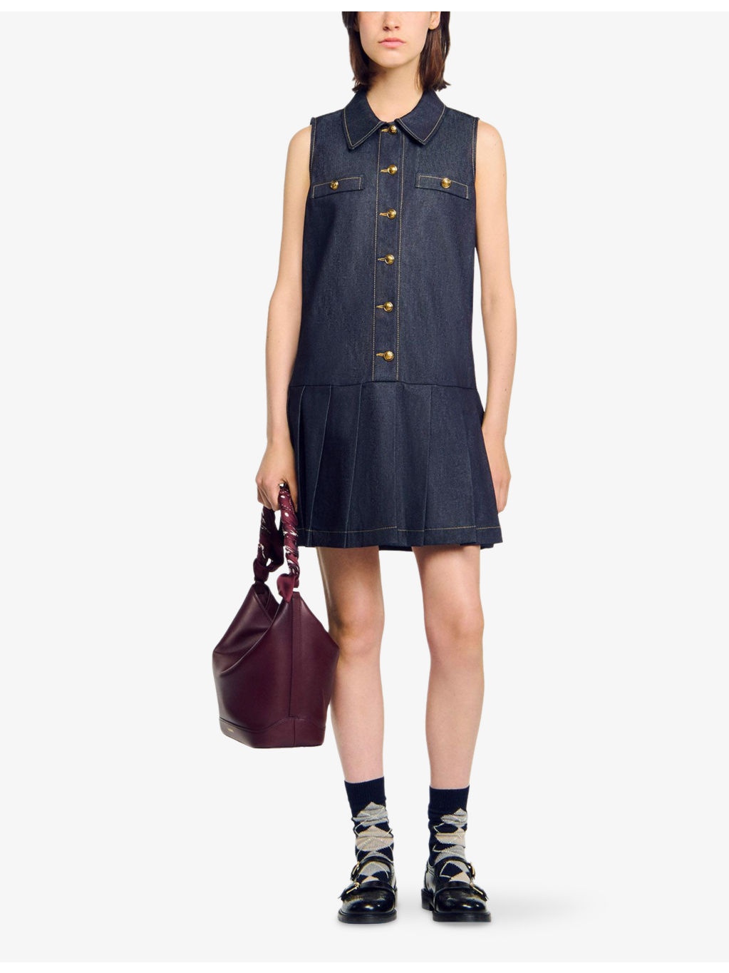 Sleeveless Pleated-Skirt Denim Mini Dress - 2