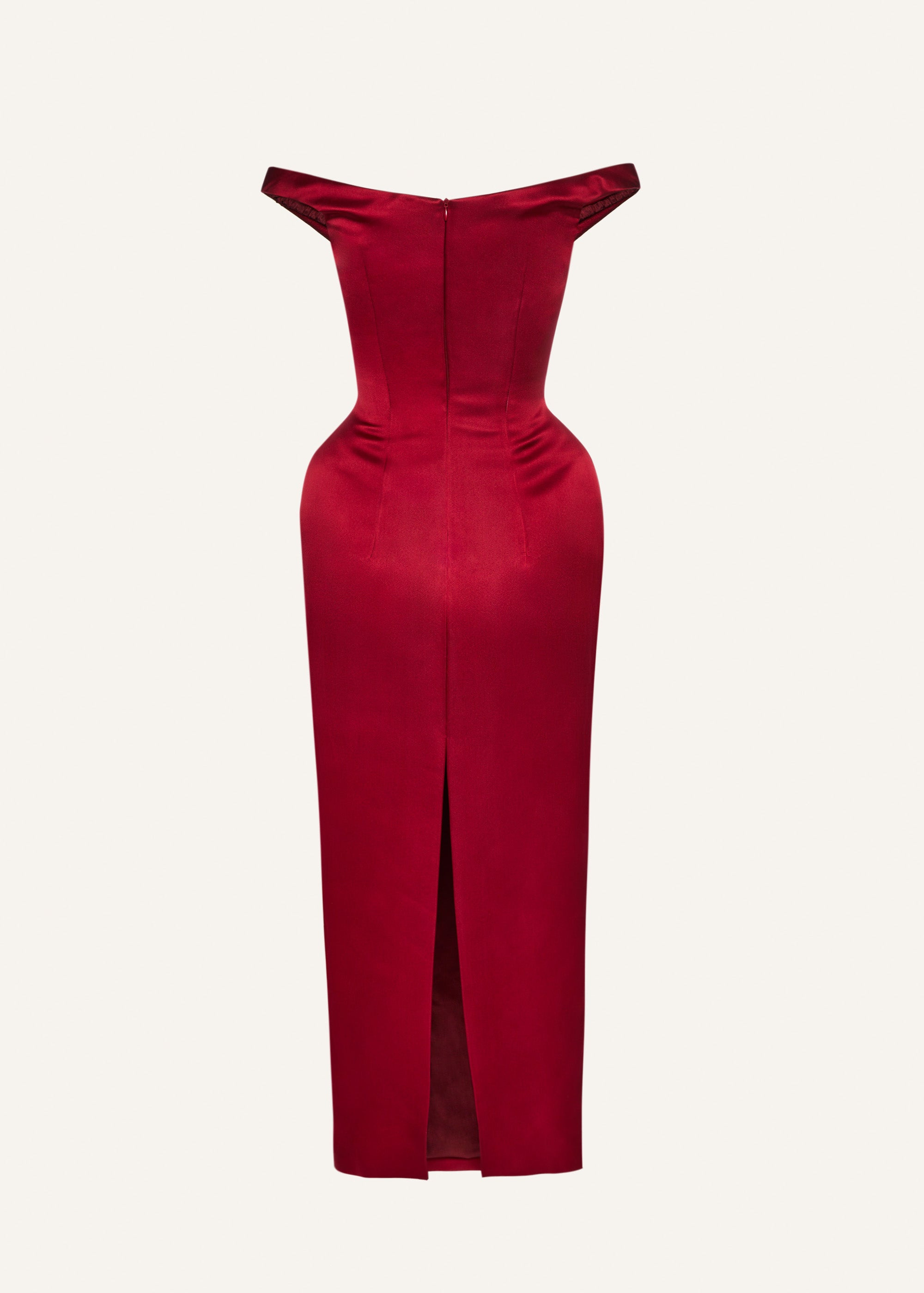 Off-shoulder hip pad midi dress in bordeaux - 2