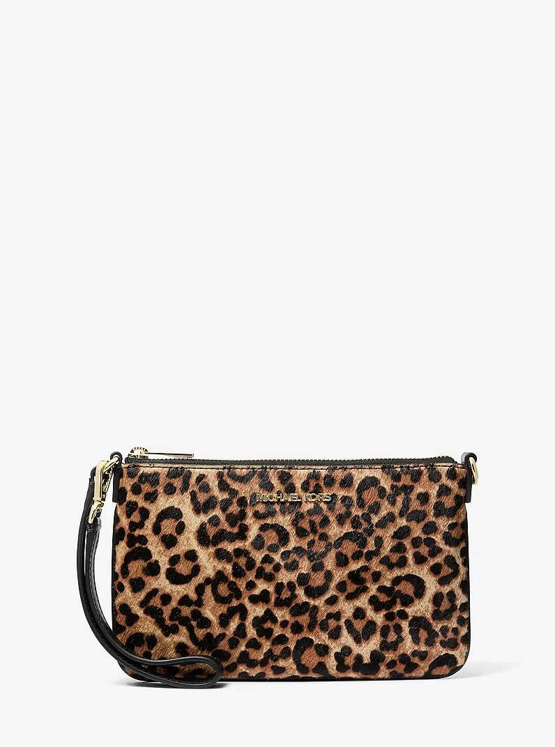 Jet Set Travel Leopard Print Calf Hair Wristlet - 1