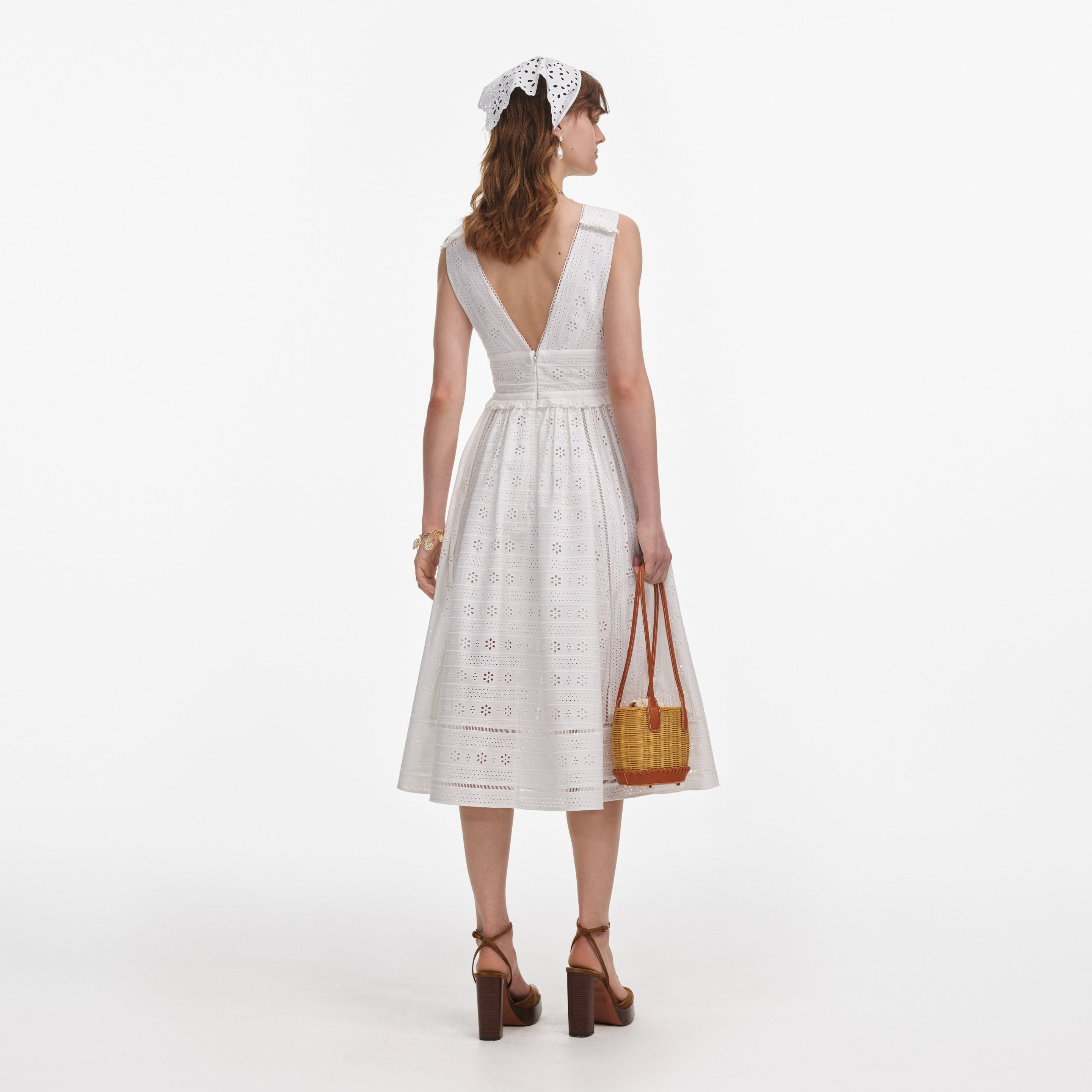 White Cotton Broderie Midi Dress - 3
