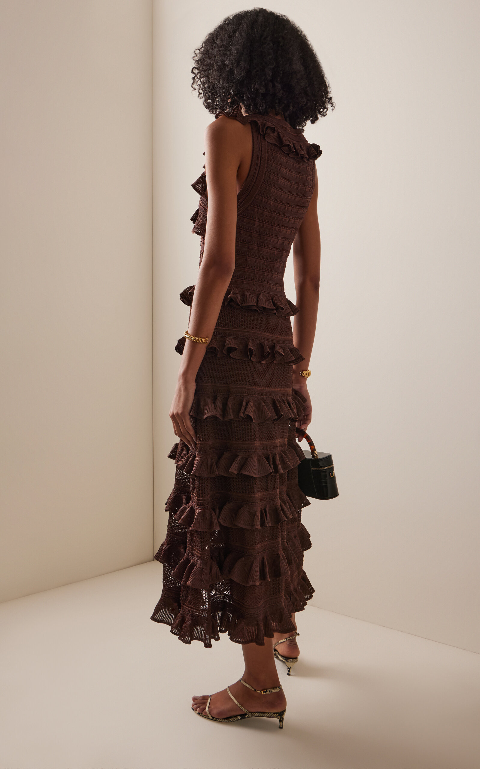 Hypnotic Ruffled Metallic Lace Midi Dress brown - 4