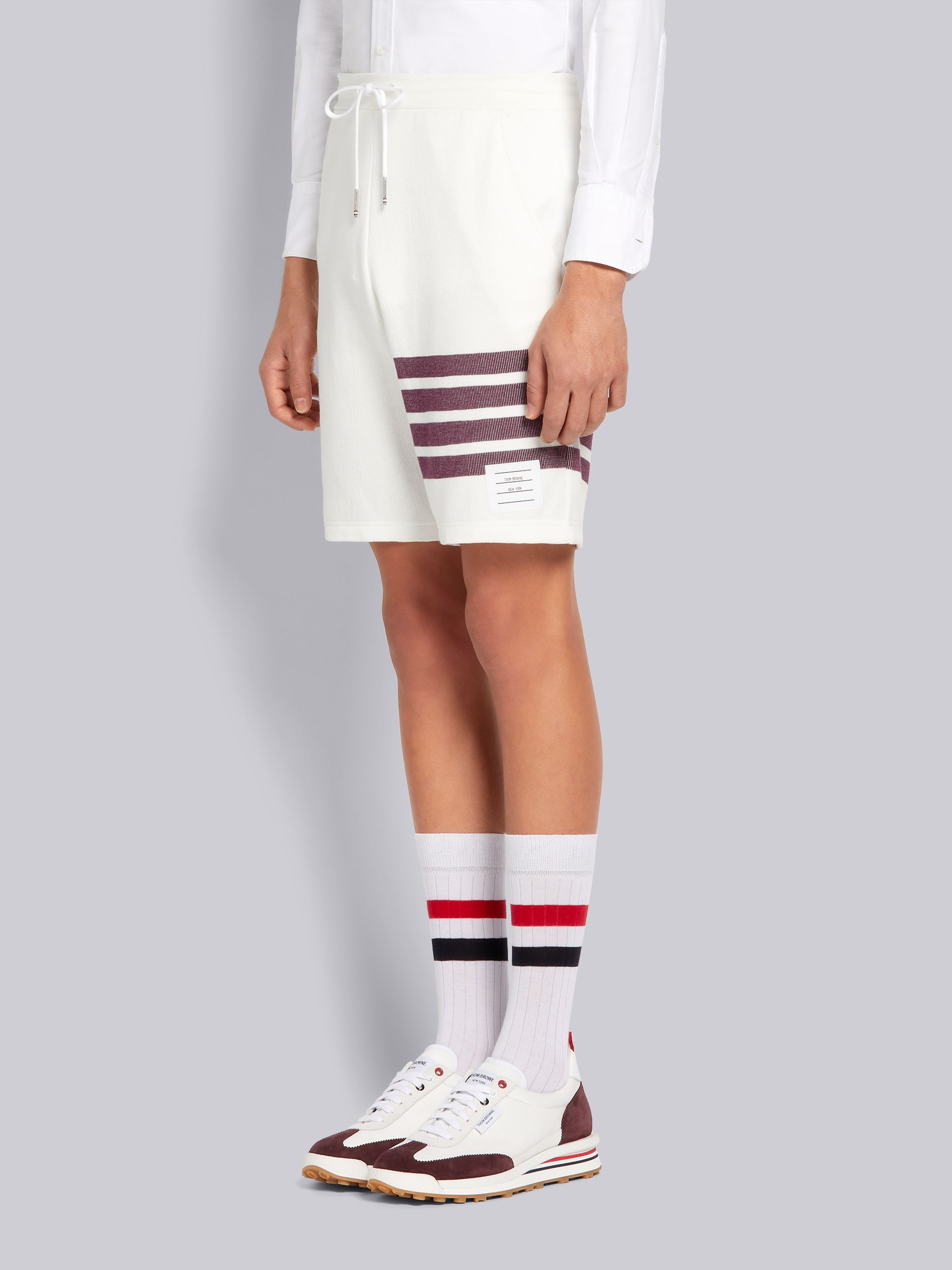 White Double Face Cotton Knit 4-Bar Stripe Sweat Shorts - 2