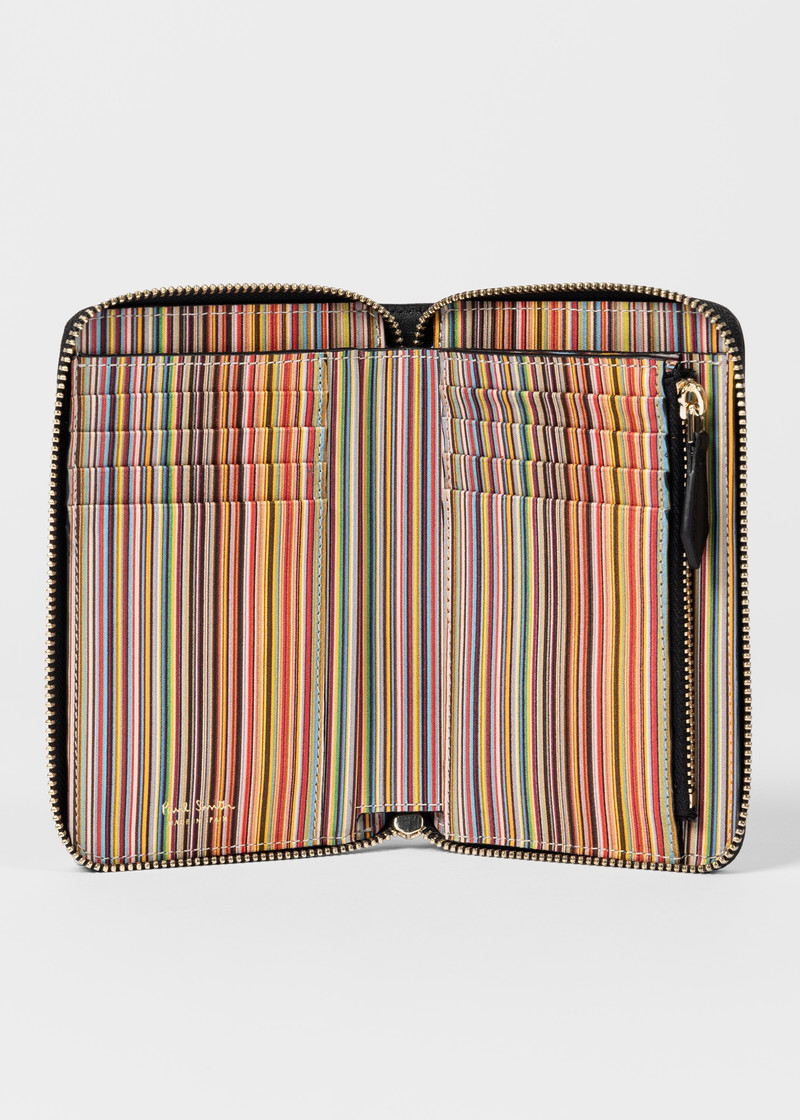 Women's Black Leather Signature Stripe Interior Zip Around Purse 3